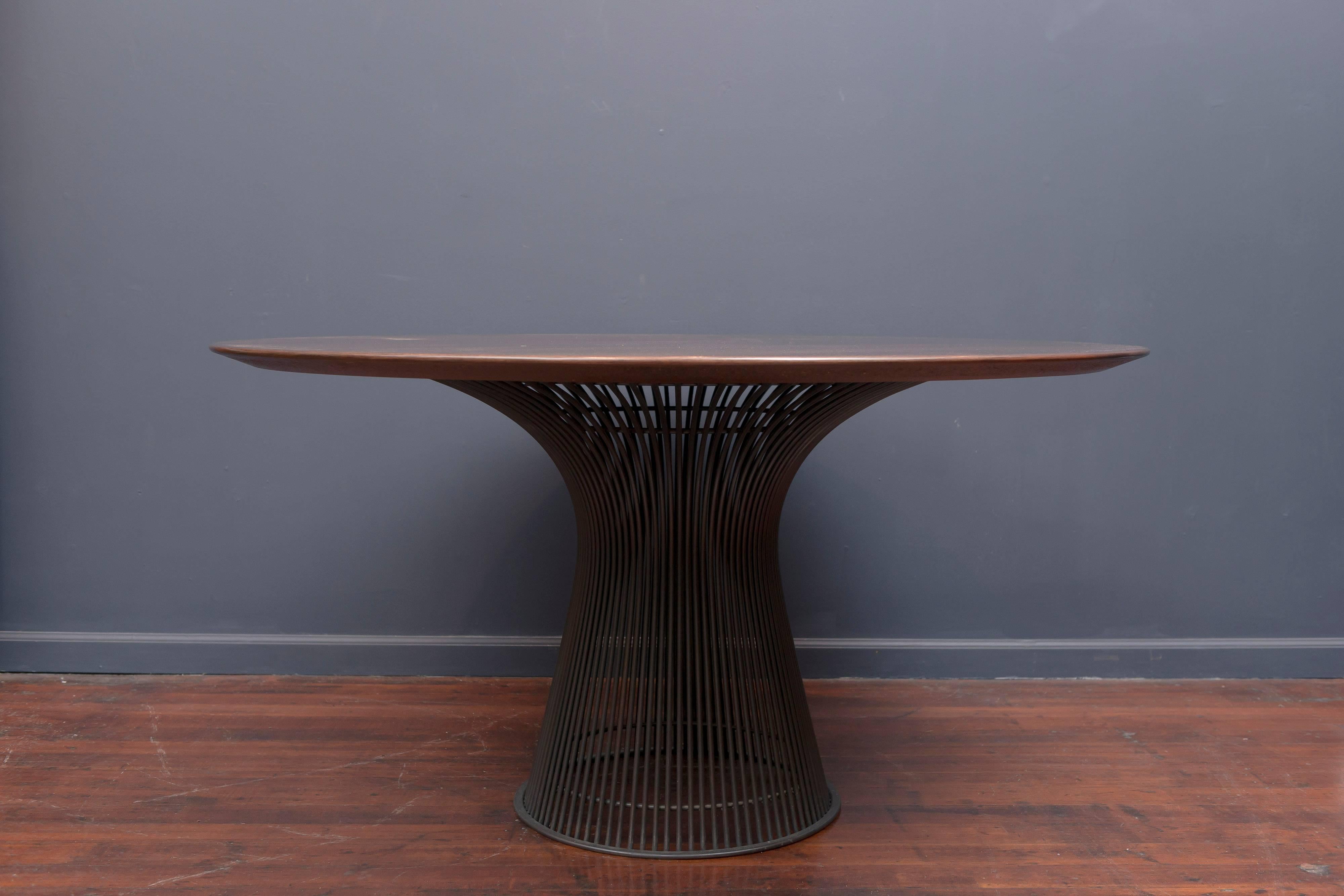 Warren Platner design teak and bronze dining table for Knoll. Newly refinished top, labeled.