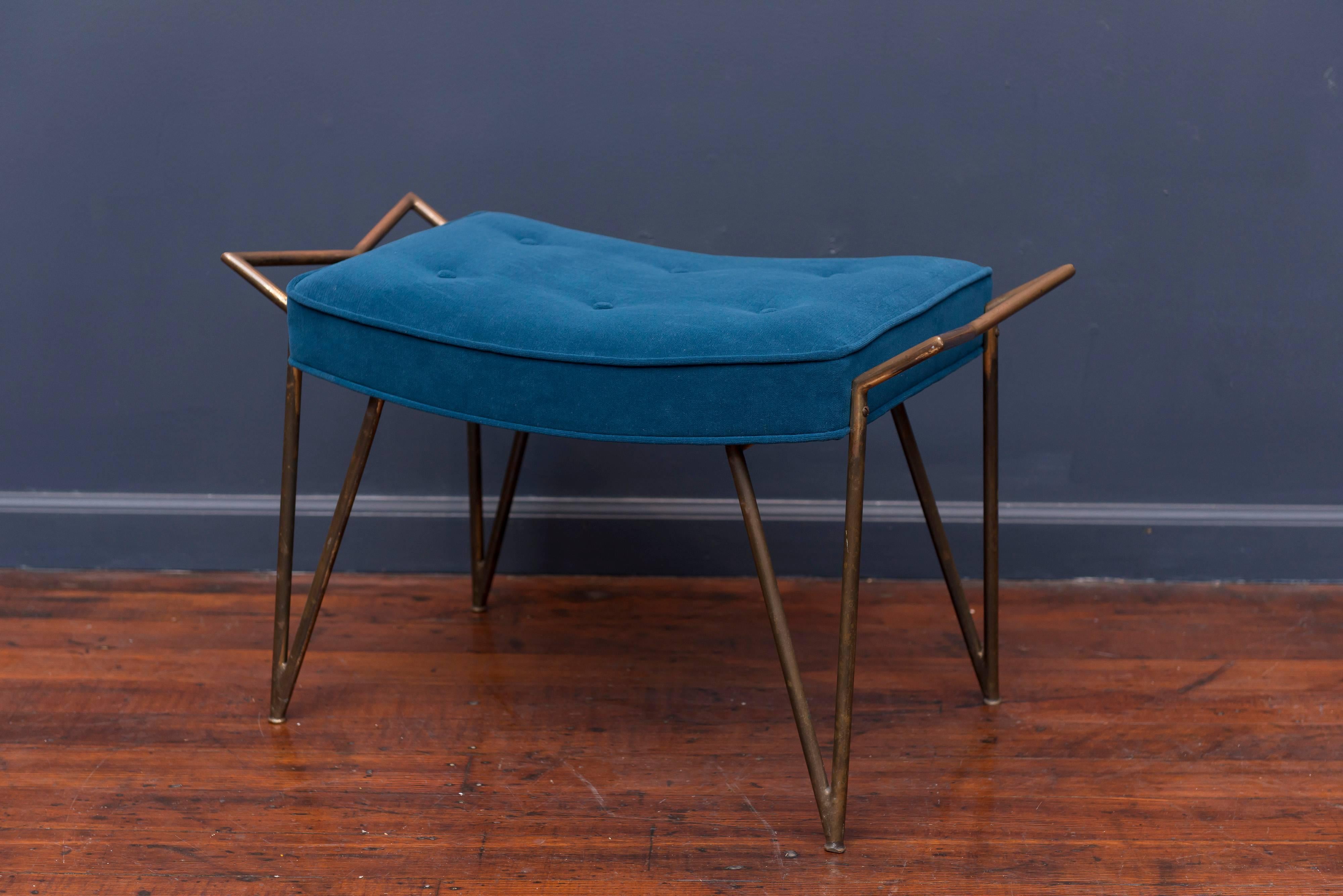 Mid-Century modern patinated brass bench newly upholstered in velvet, made in Italy.