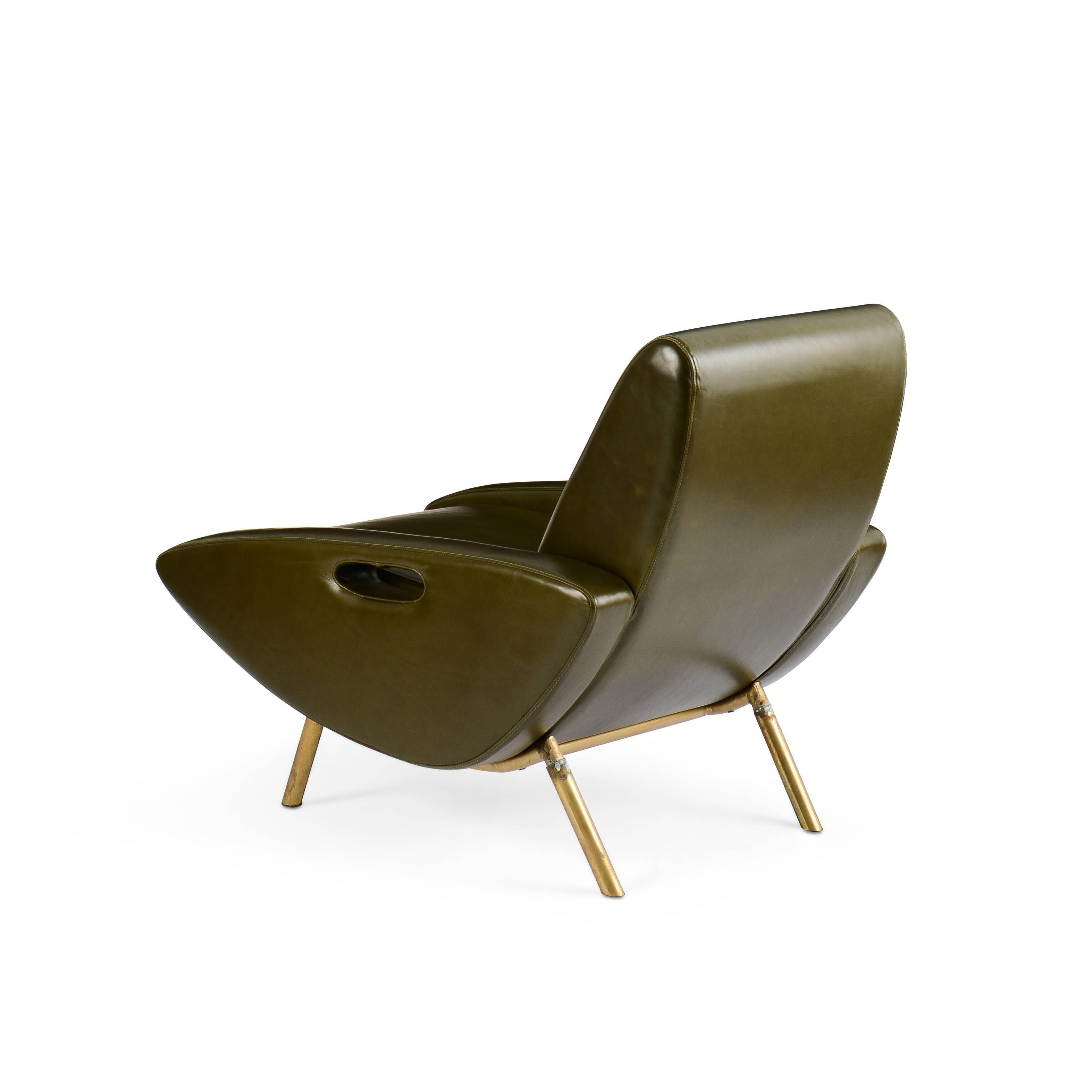 Shaped armchairs on brass canted legs, upholstered in seaweed green leather.
   
 
 