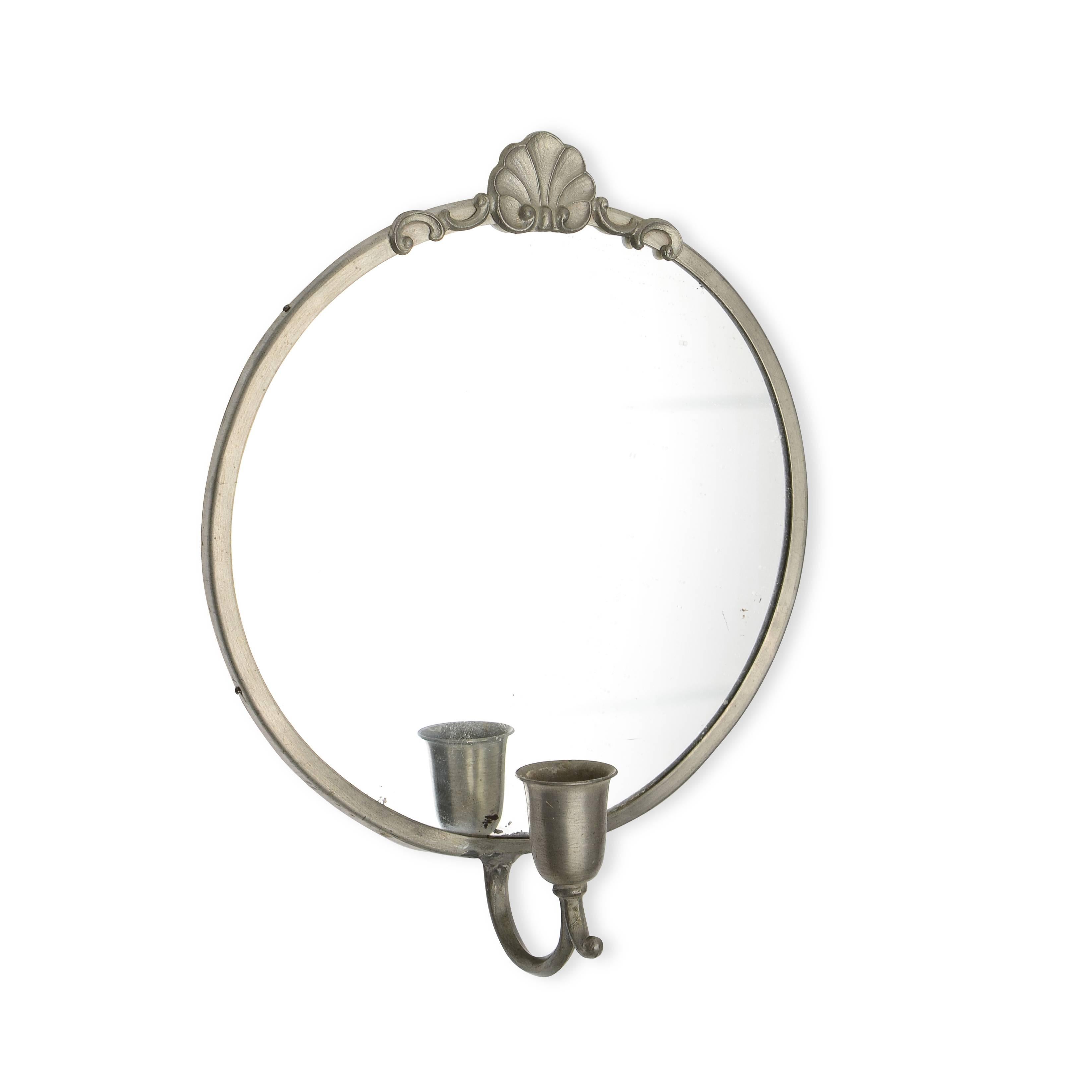 Set of three pewter mirrors, two with candle arms.

Large mirror 16.5