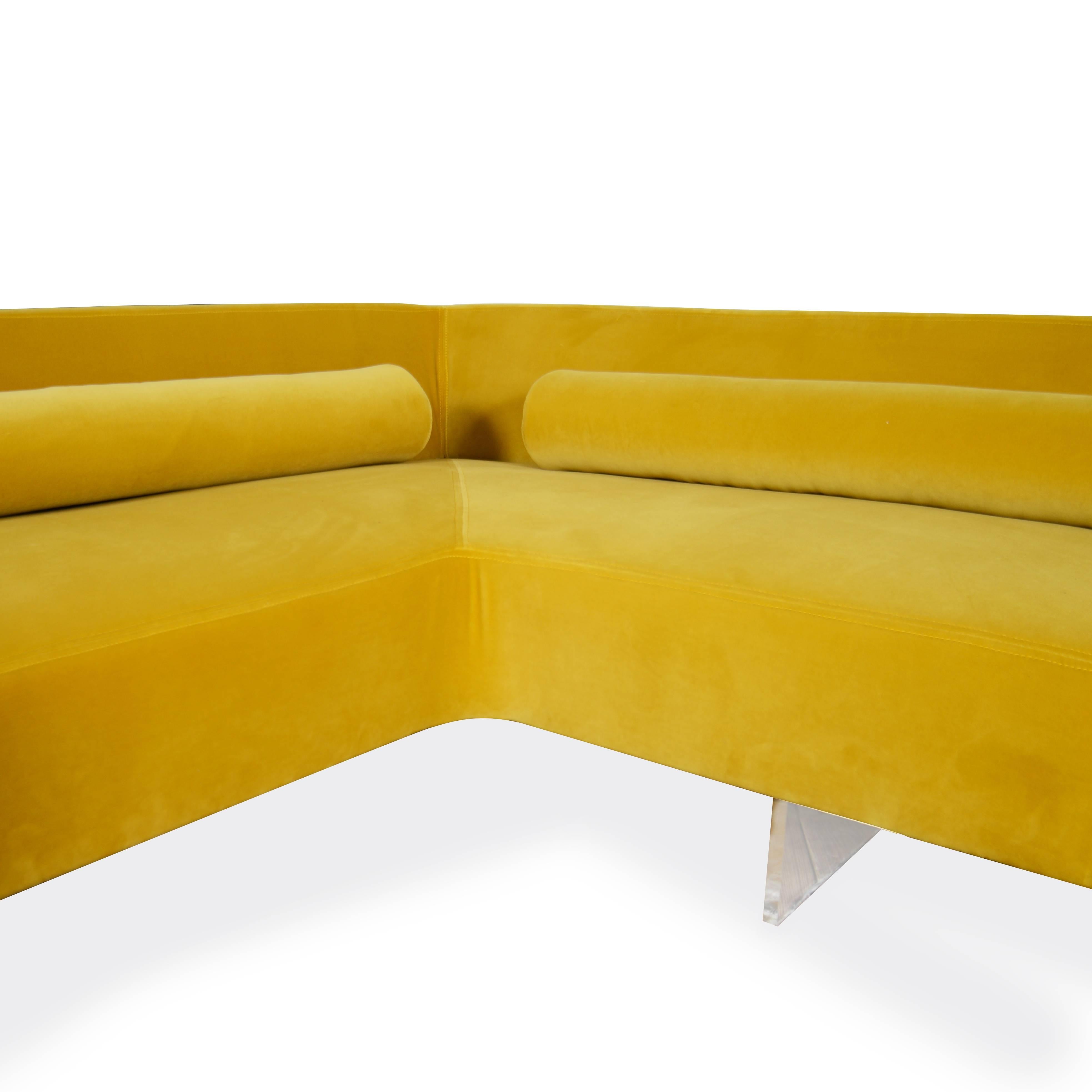Two part sectional sofa on Lucite base upholstered in marigold yellow velvet. 
Left corner with extension. 60" D x 90" W x 27.5" H
Left love seat with extension. 32" D x 72" W x 27.5" H.