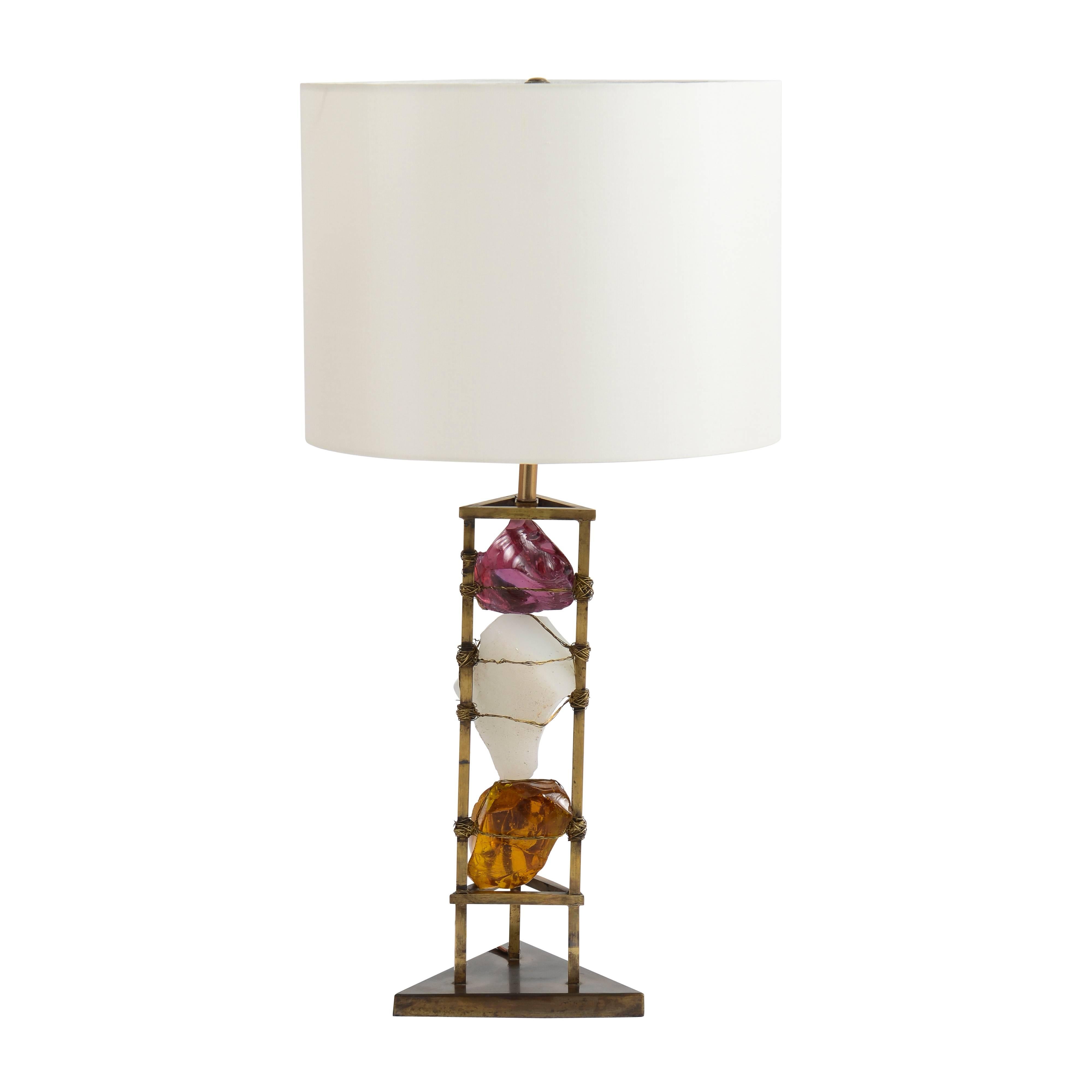 Pair of gem stone Brutalist table lamps in brass enclosure.