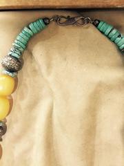 Necklace Tribal Turquoise Beads and Large Metal and Yellow Beads