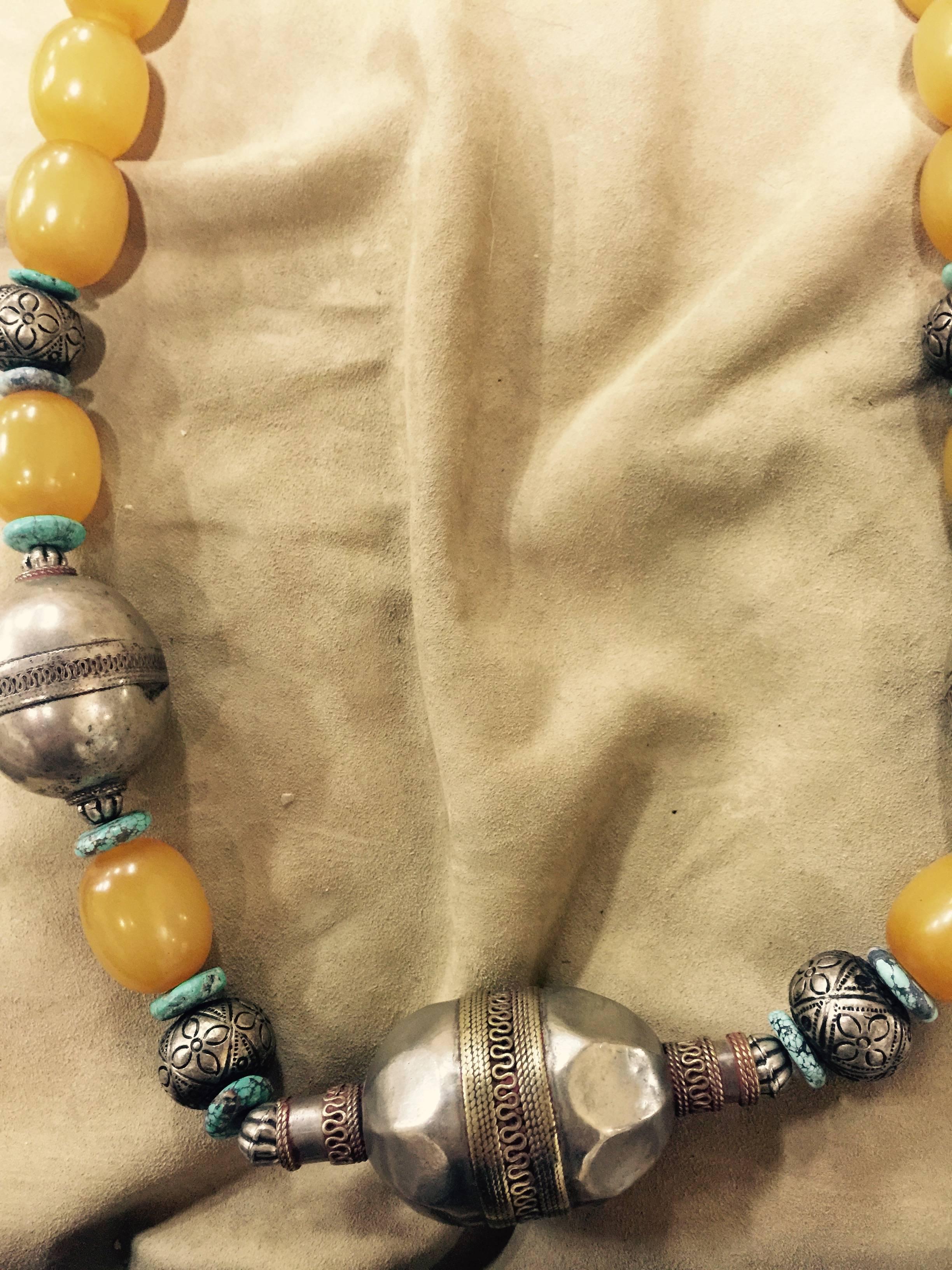 American Necklace Tribal Turquoise Beads and Large Metal and Yellow Beads
