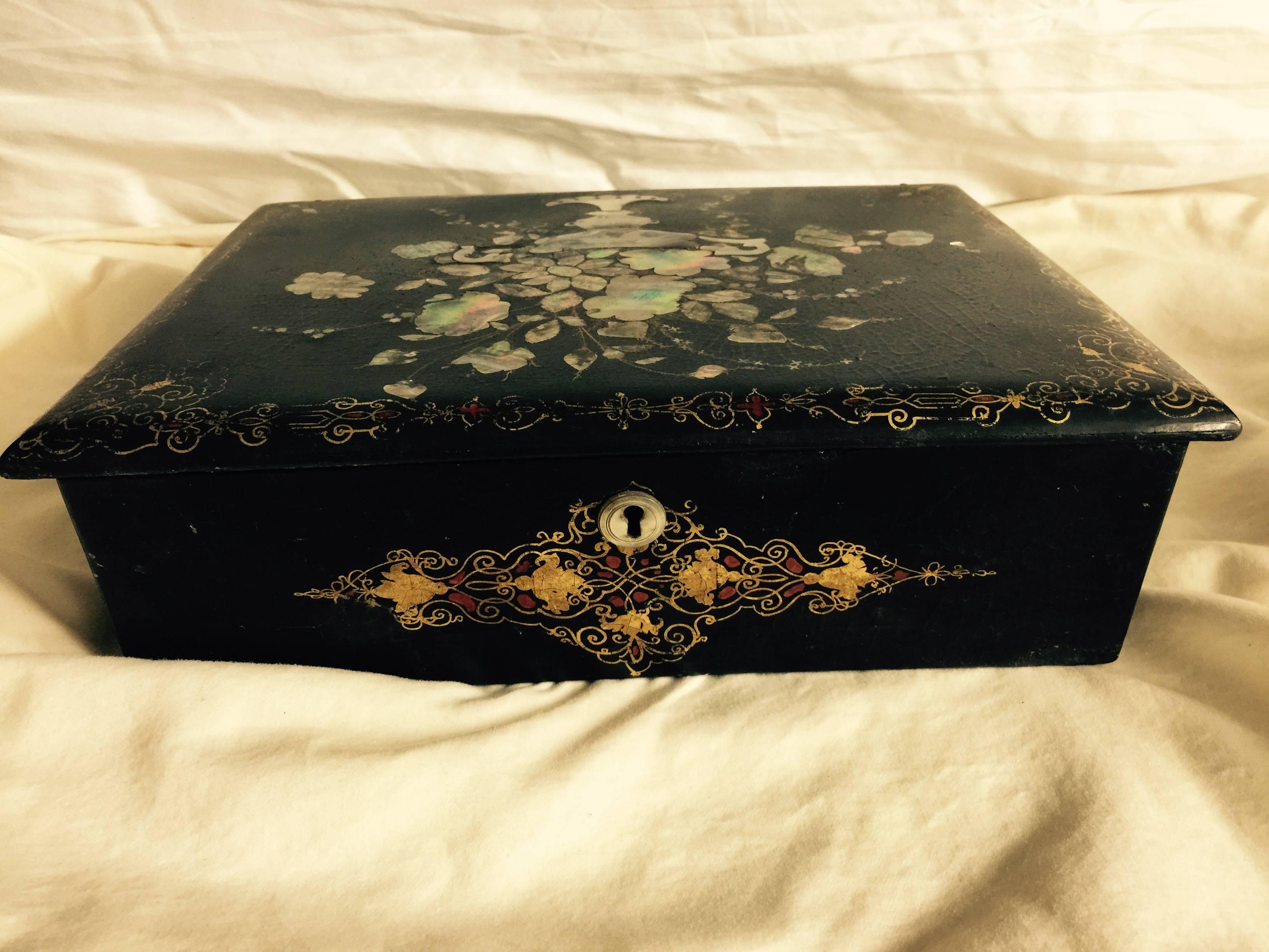 Louis XVI  Lap Desk 19th Century English Papier Mache Decorated in Mother-of-Pearl