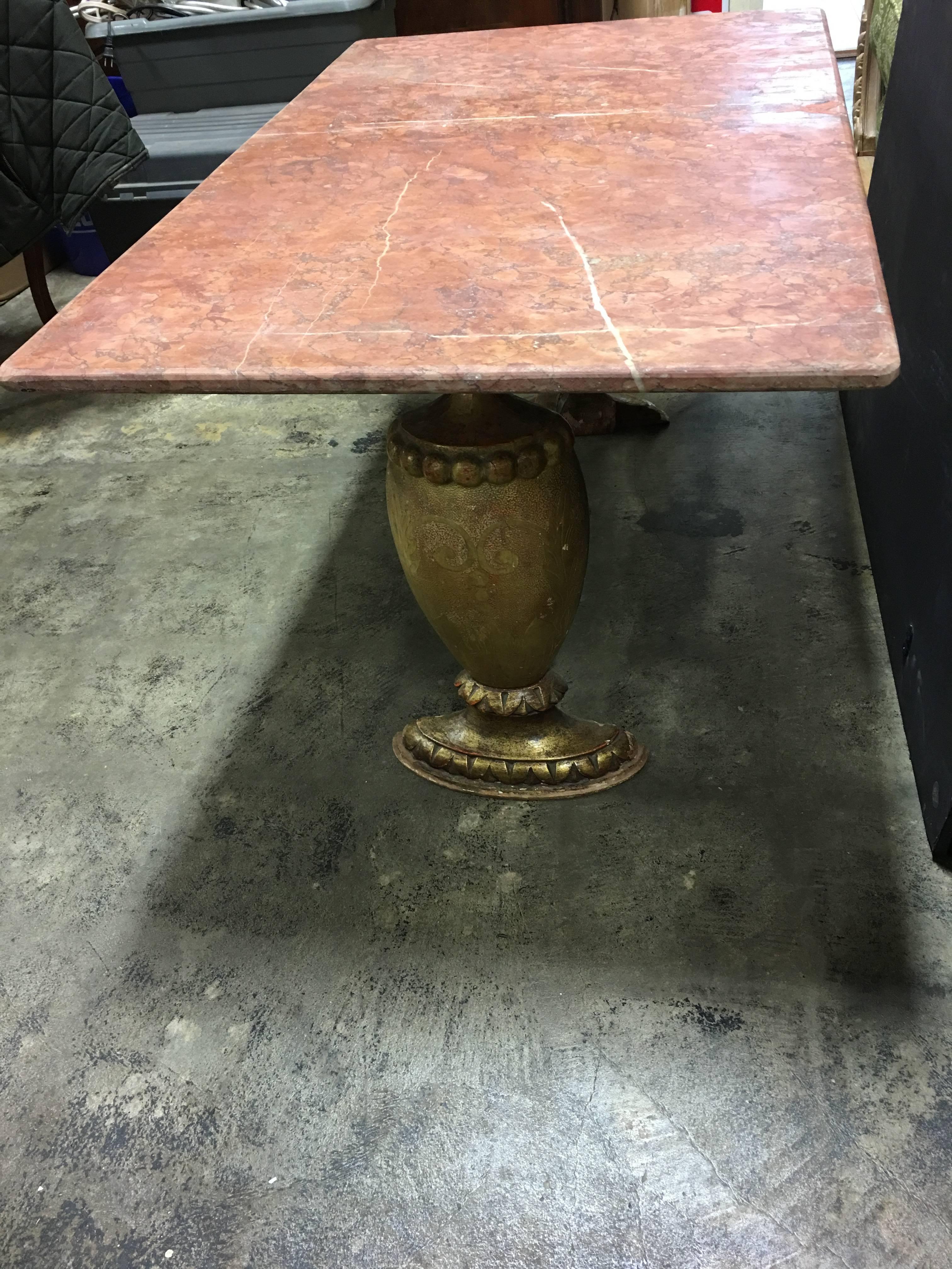 Early 1900s gold gilt Italian coffee table with not original marble top.
Marble is from France. 3/4'' thick.
Needs to be reinforced under the table for it to be sturdy