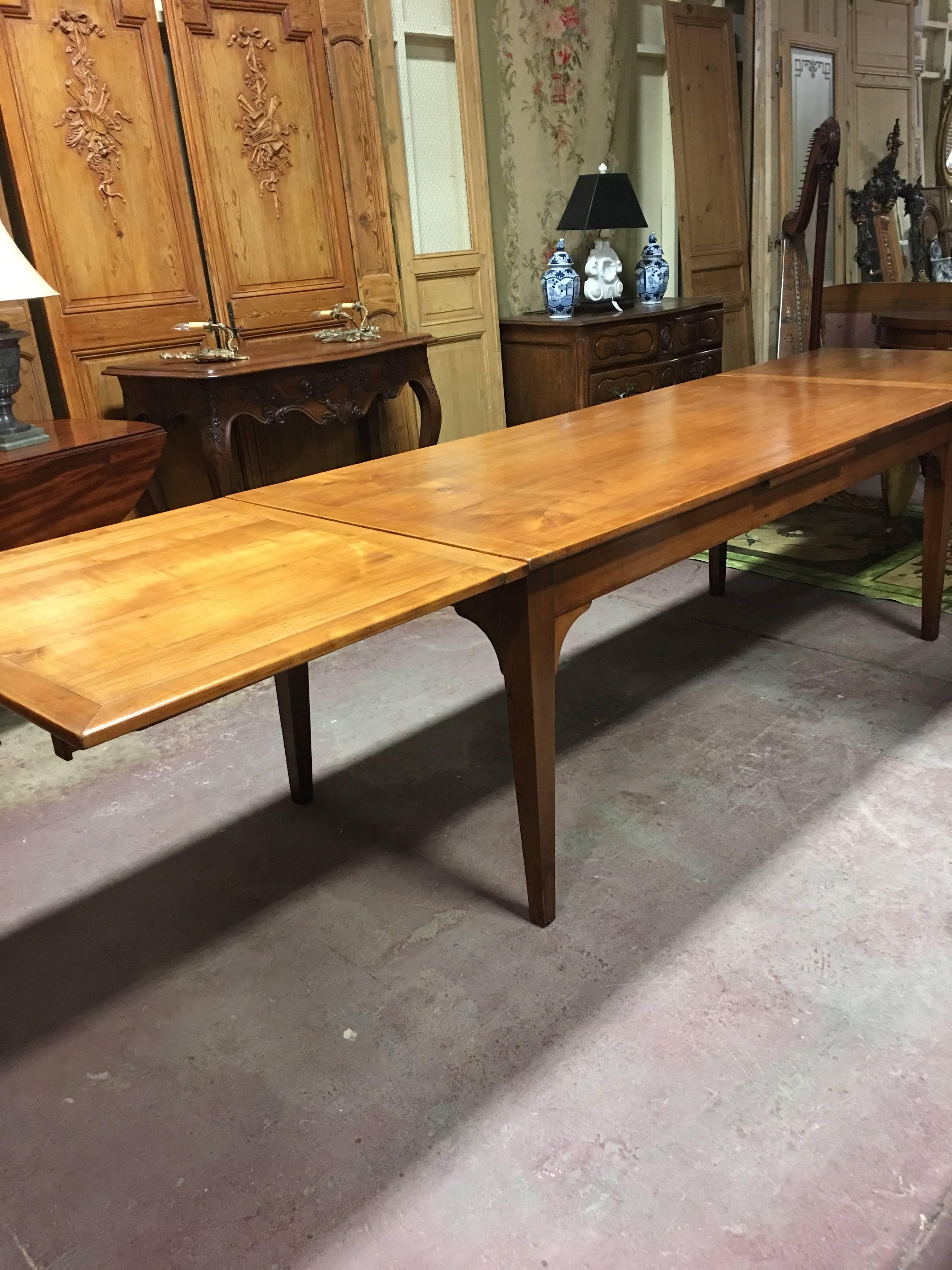 Hand-Crafted 19th Century French Cherry Draw Leaf Table with Drawer