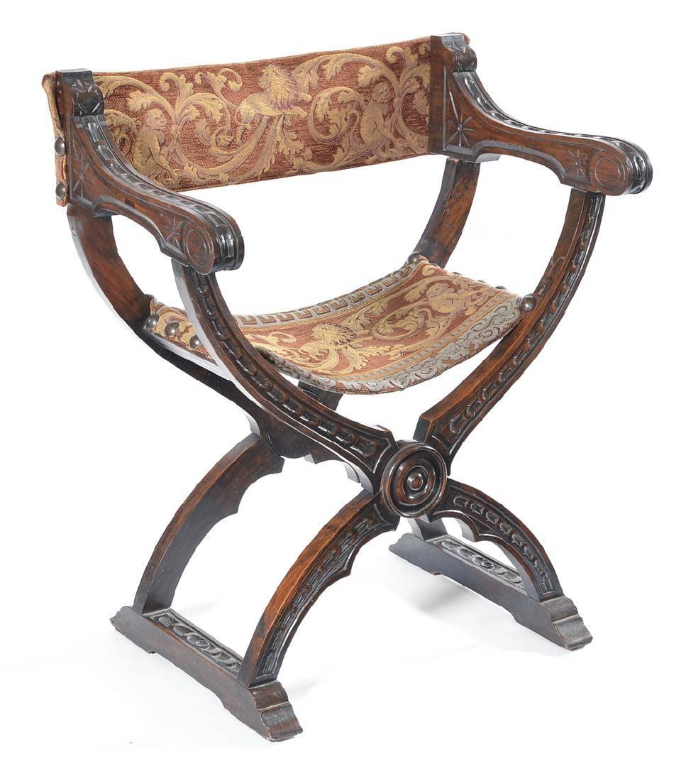 19th century Savonarola chair with brocade upholstery