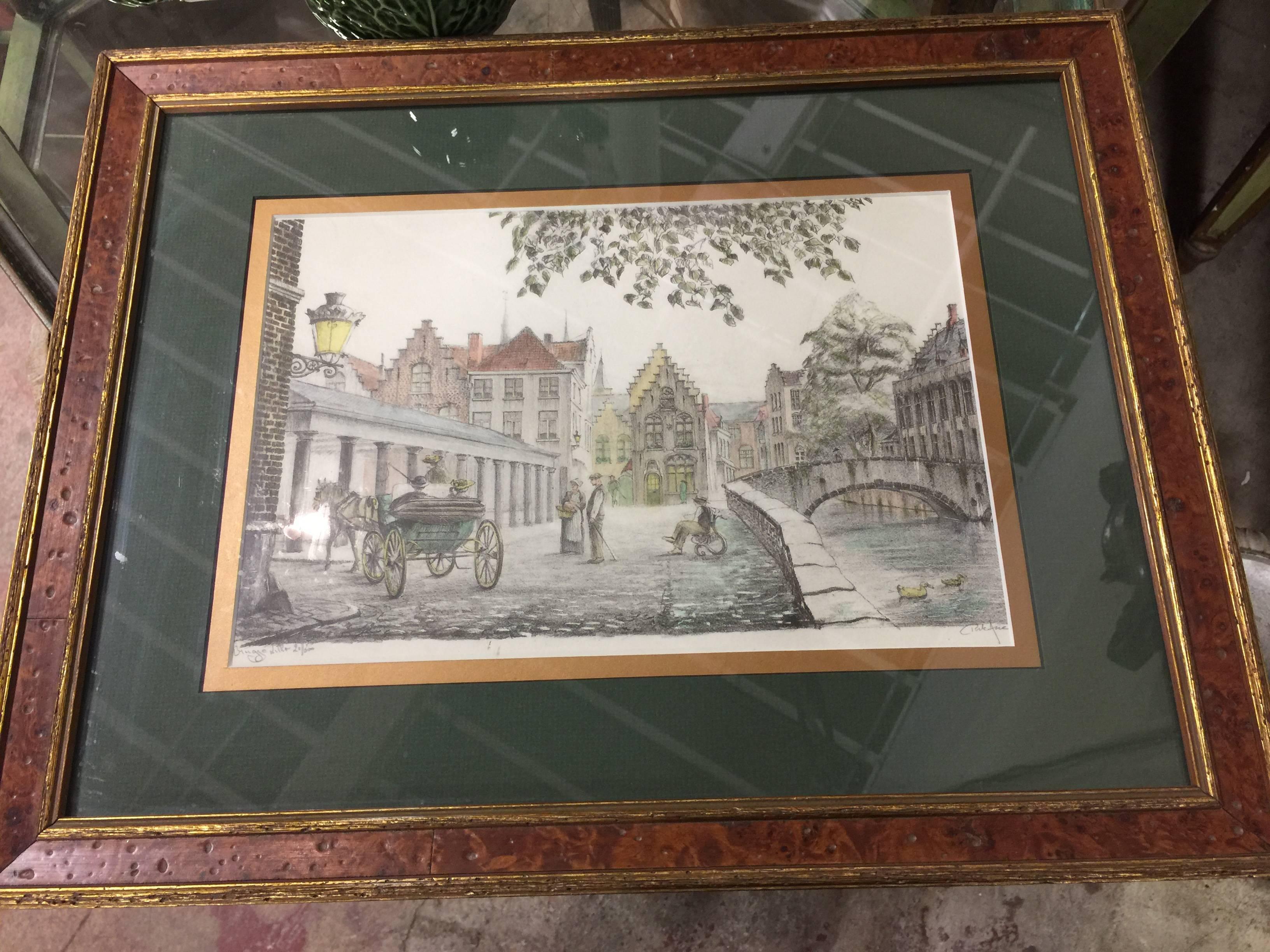 Other Late 1900s Lithograph Numbered and Signed Lithograph of a Scene in Belgium
