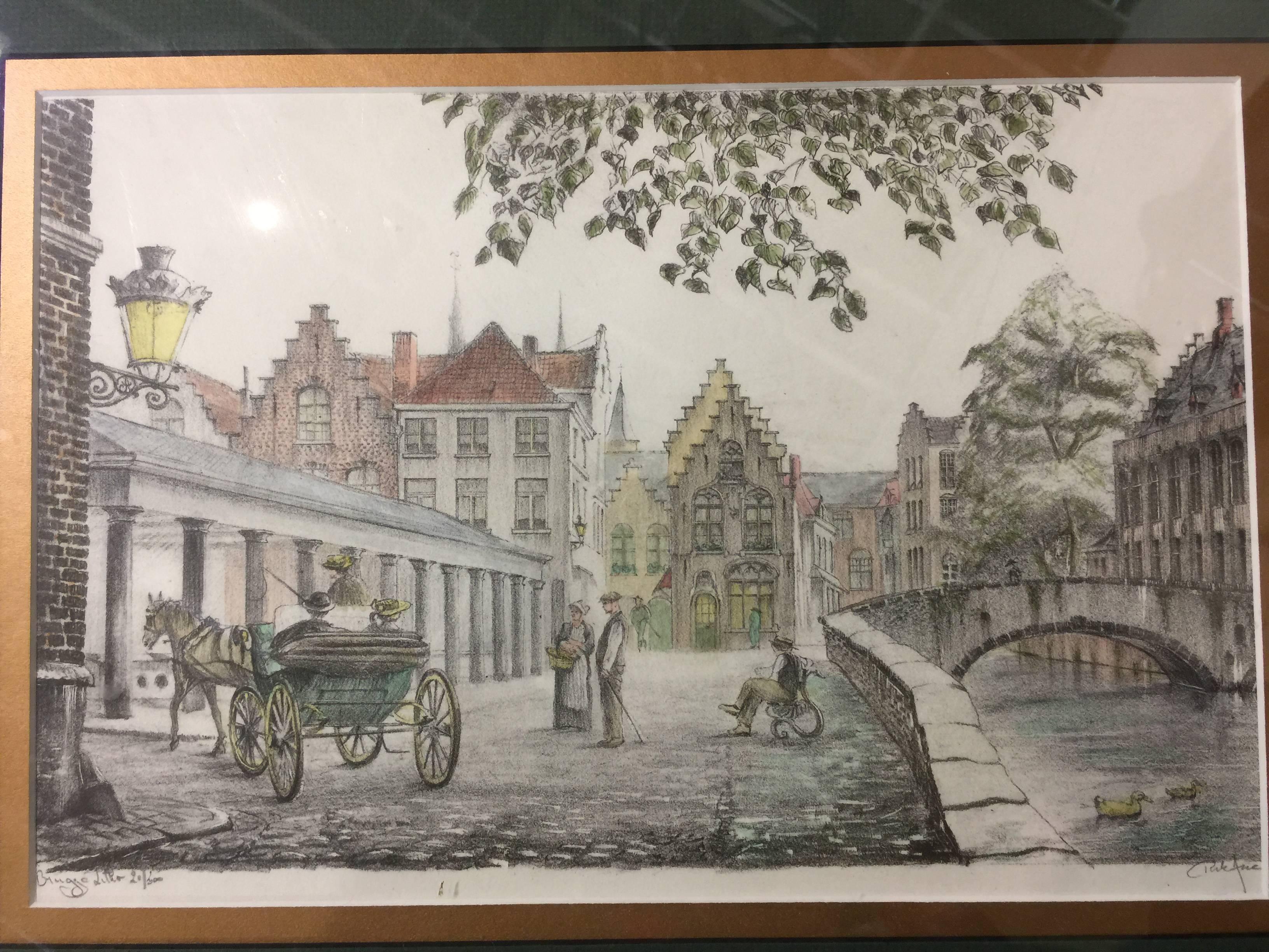 French Late 1900s Lithograph Numbered and Signed Lithograph of a Scene in Belgium