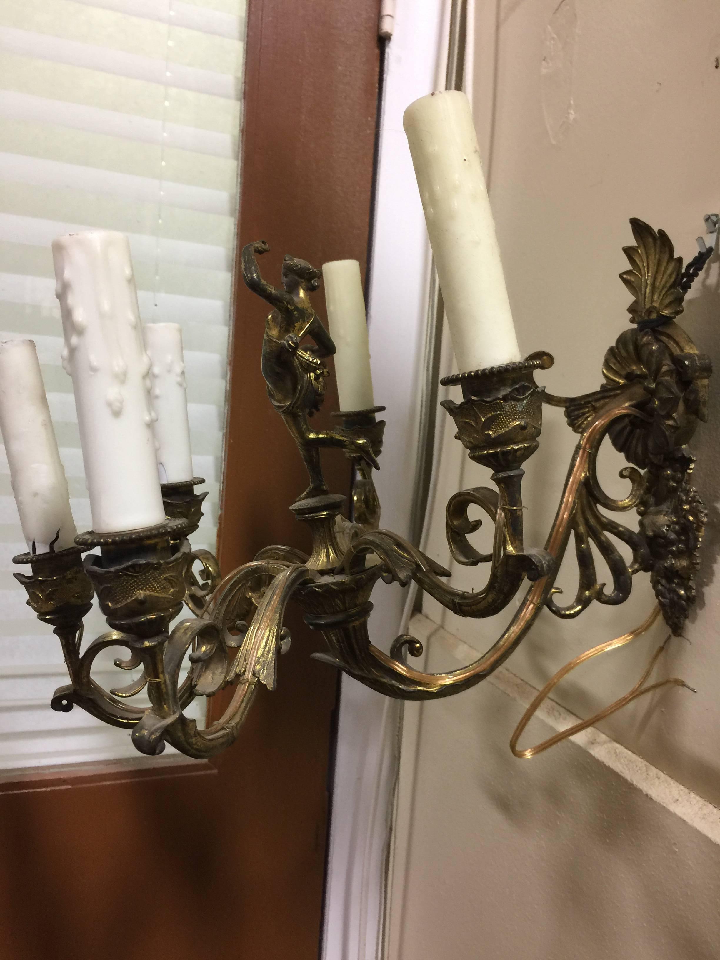 Pair of 19th century French bronze sconces rewired American.
