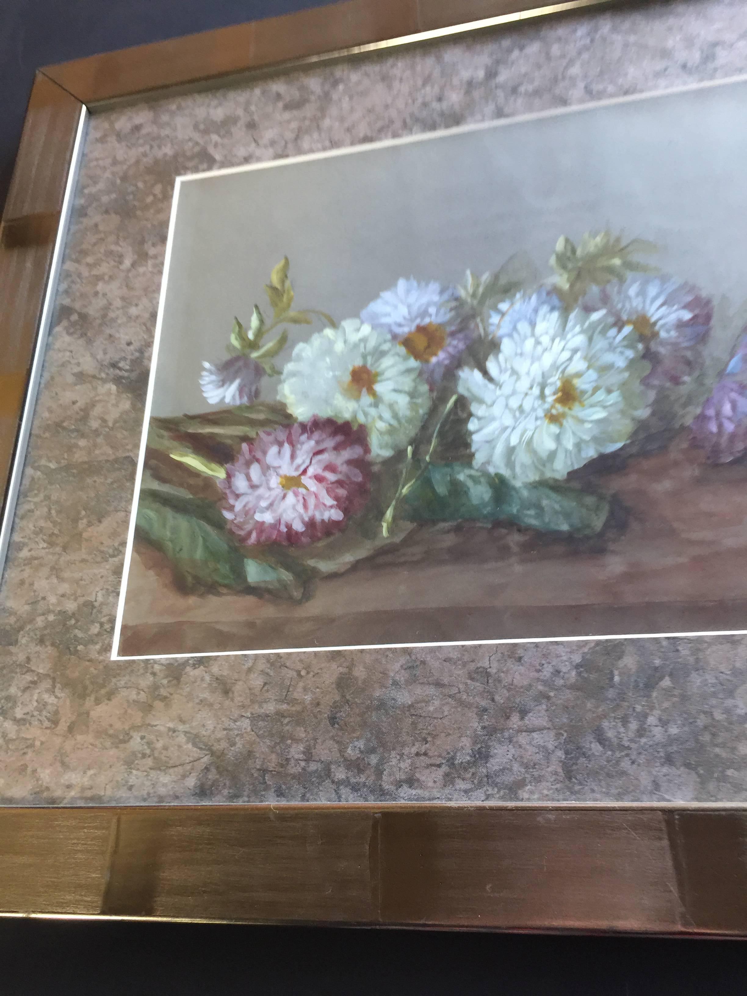 Handpainted French watercolor with custom frame (painting), circa 1880.