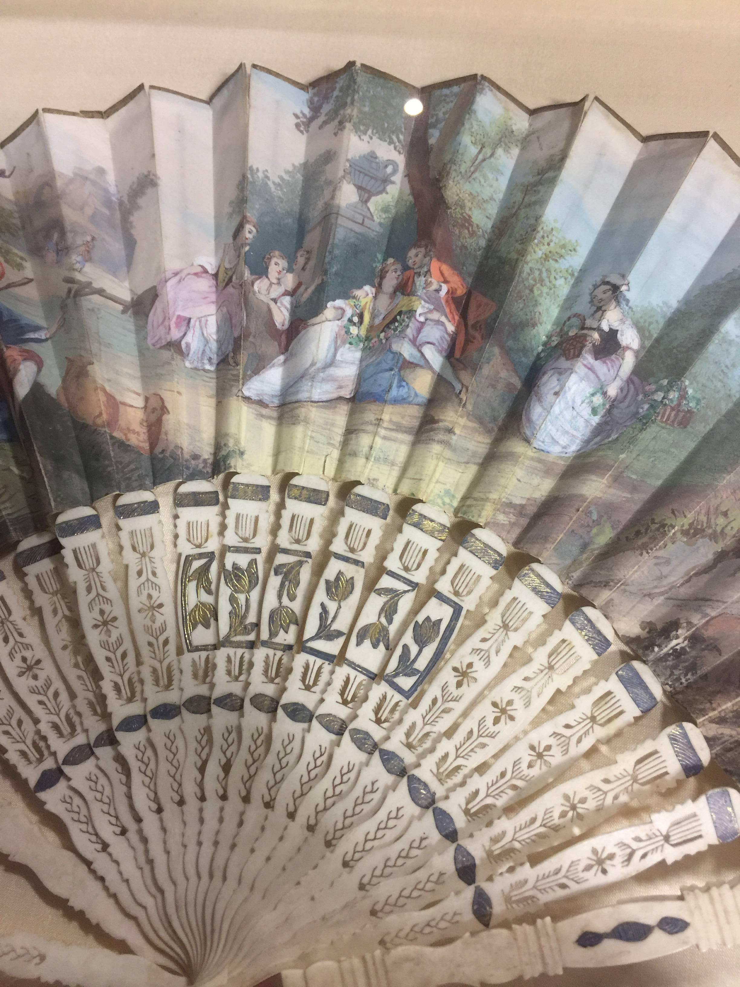 19th Century French Fan Hand-Painted in a Custom Frame In Excellent Condition In San Francisco, CA