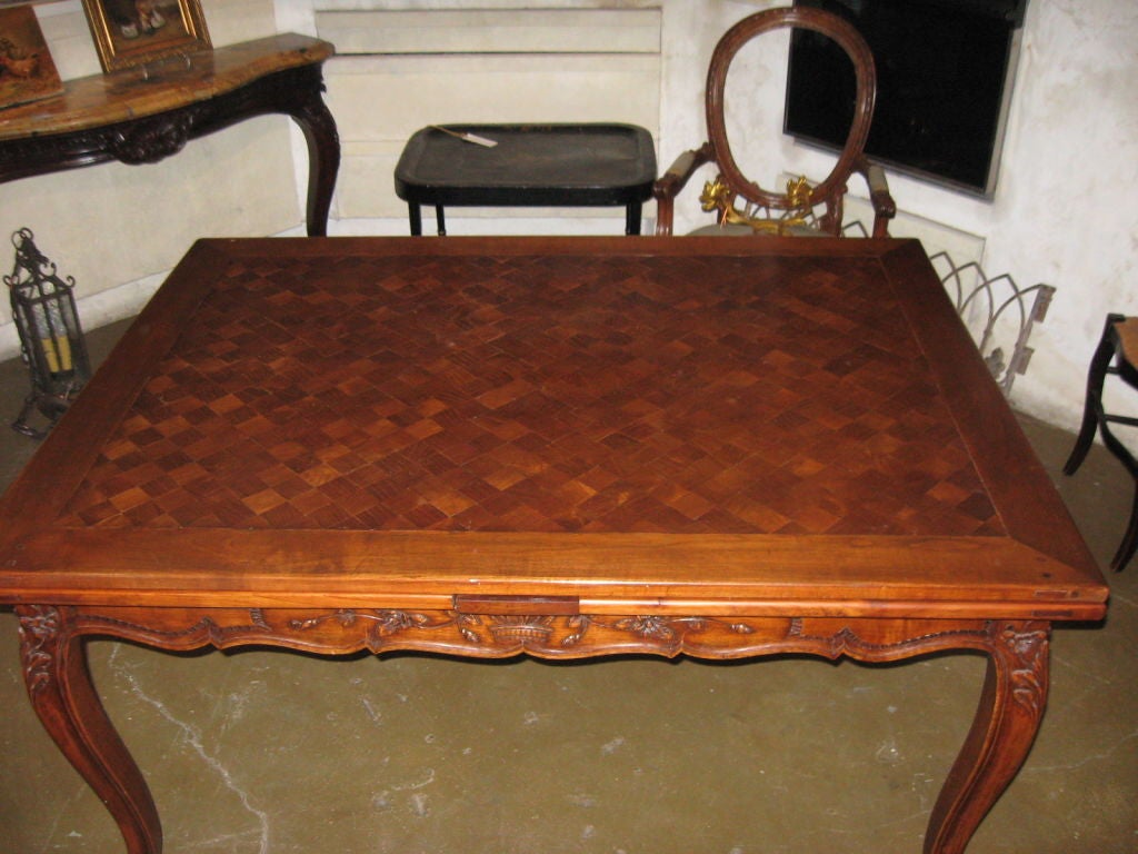 CLOSING  SALE Mid-19th Century French Walnut Parquetry, Draw Leaf Table In Good Condition For Sale In San Francisco, CA