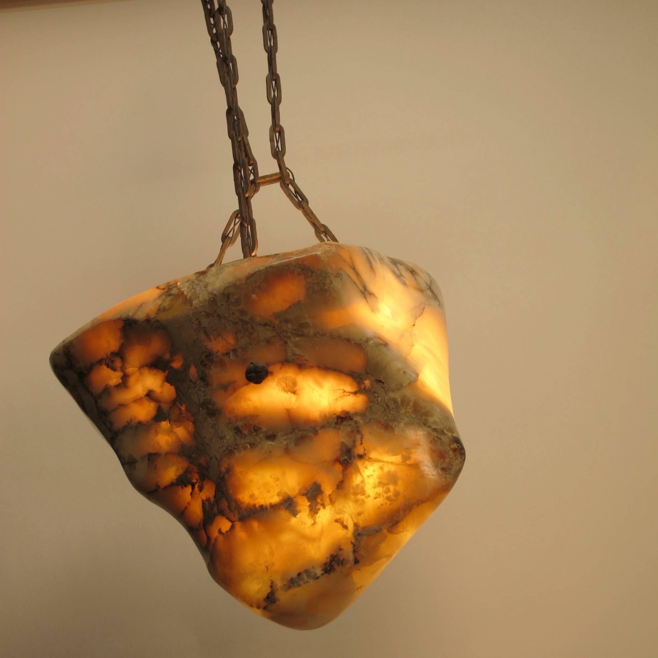 Alabaster Light Fixture with Antique Bronze Hardware In Excellent Condition For Sale In San Francisco, CA
