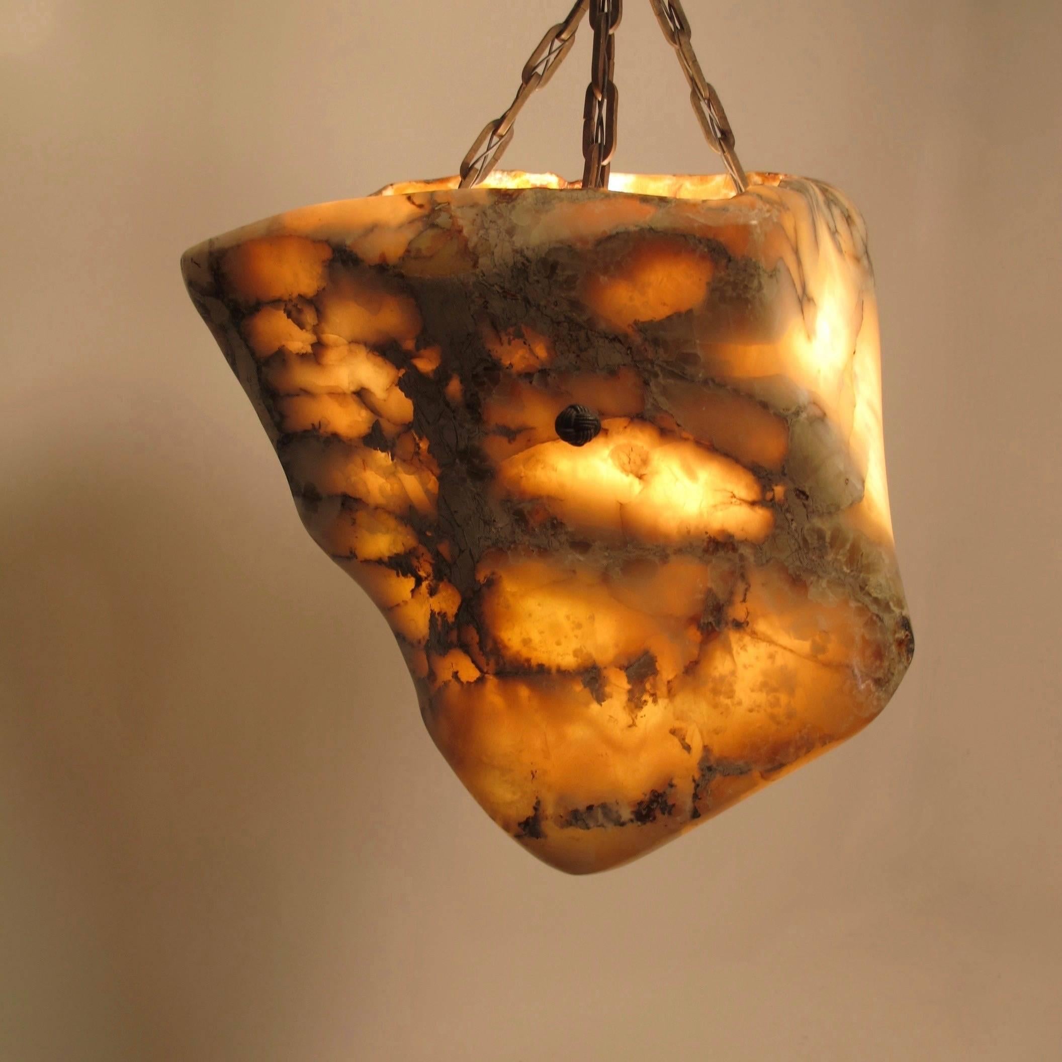 Alabaster Light Fixture with Antique Bronze Hardware For Sale 4