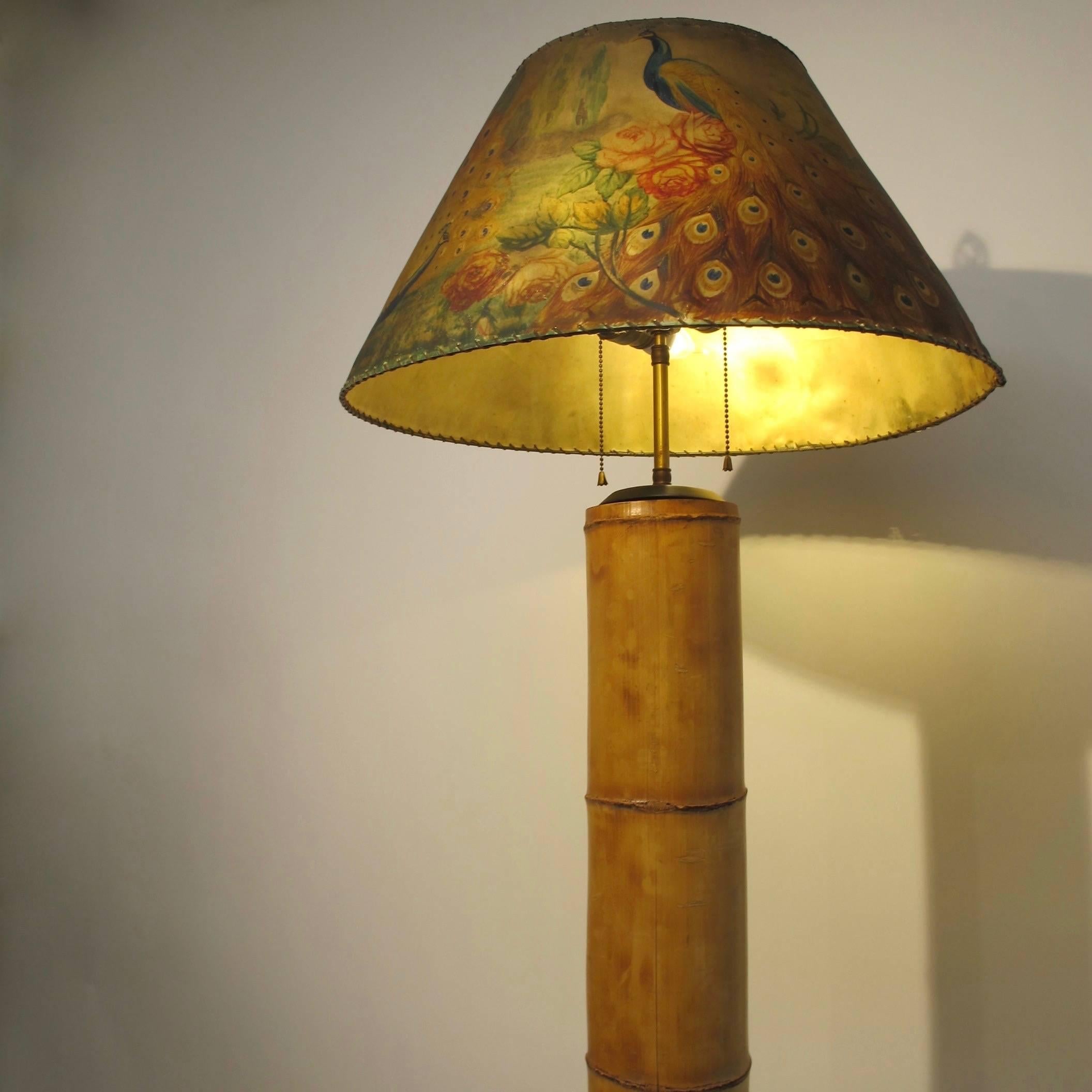20th Century Bamboo Floor Lamp with Painted Parchment Shade