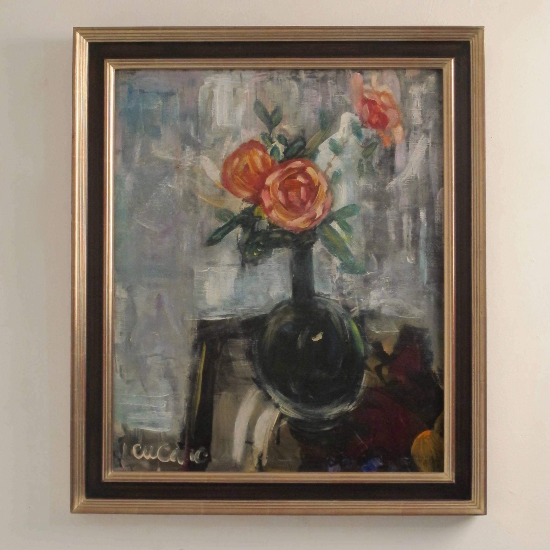 Mid-20th century still life painting by California Bay Area artist Pascal Cucaro (b.1915 - d. 2004). Oil on canvas in original painted wood frame. 

Pascal (Pat) Cucaro was born in Youngstown, Ohio on November 6, 1915, to Italian immigrant
