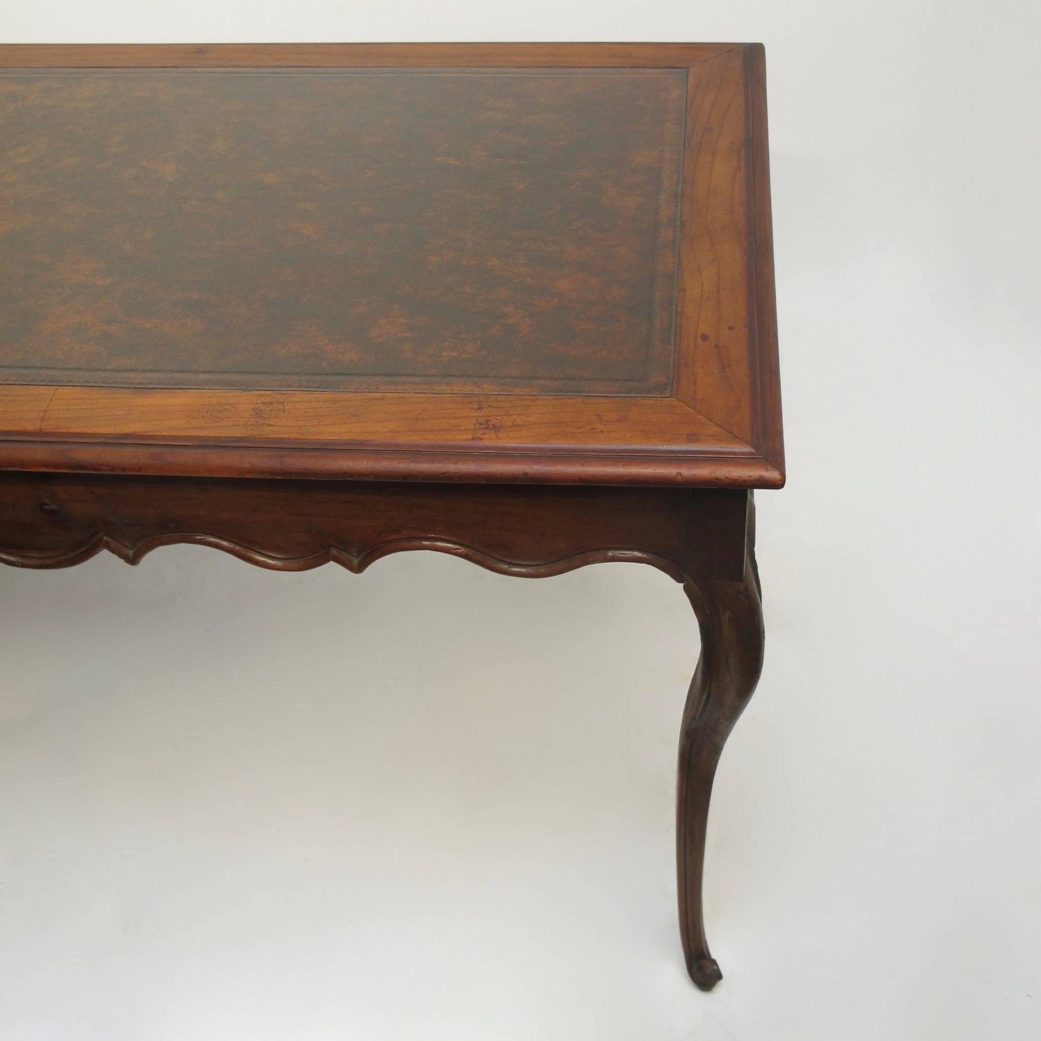 Carved Walnut Writing Table Desk with Inset Leather, French 18th Century