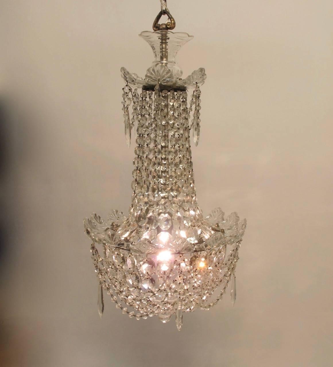Petite Crystal and Glass Chandelier In Excellent Condition For Sale In San Francisco, CA