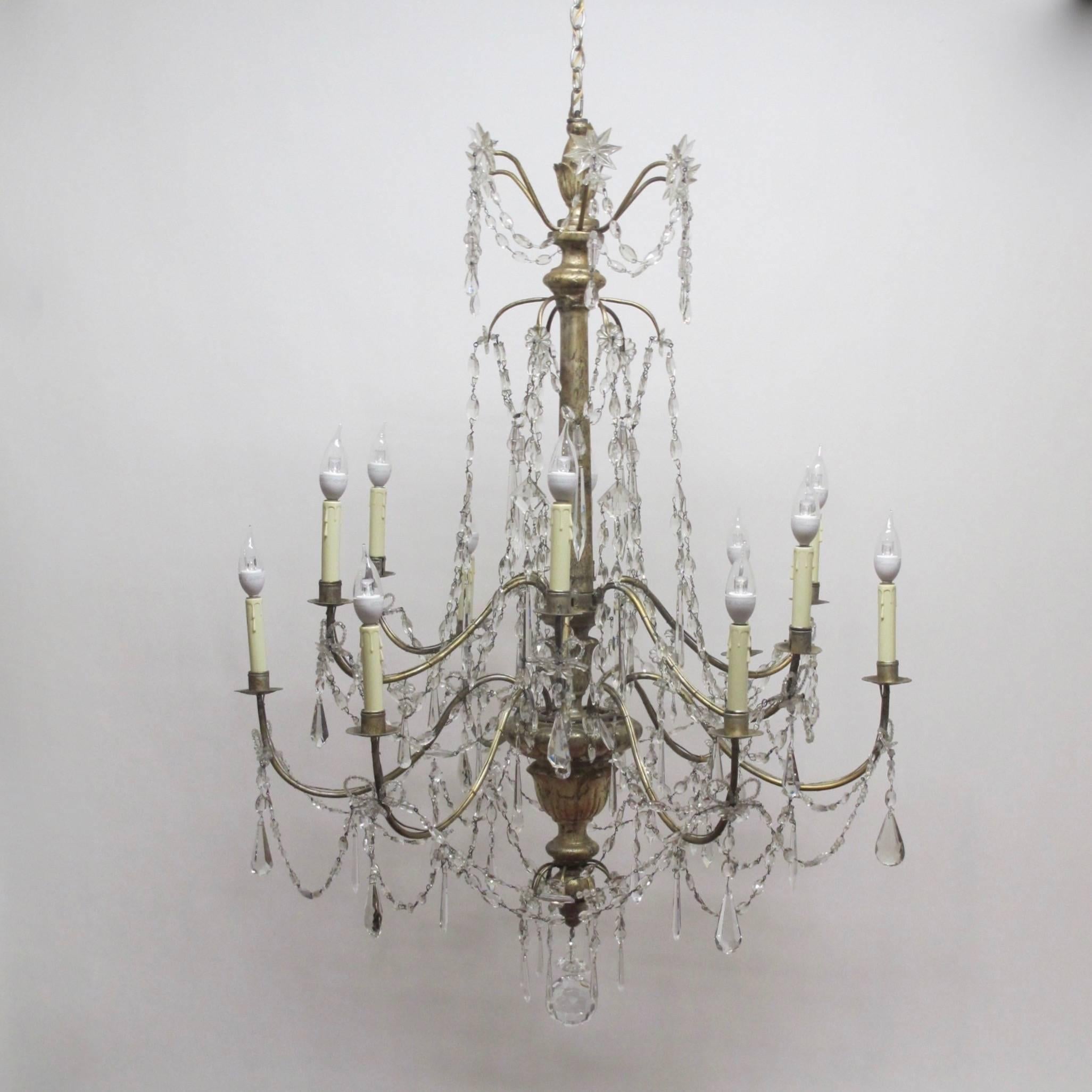 Large Silver Gilt Wood, Iron, and Crystal Chandelier, Italian 18th Century For Sale 1