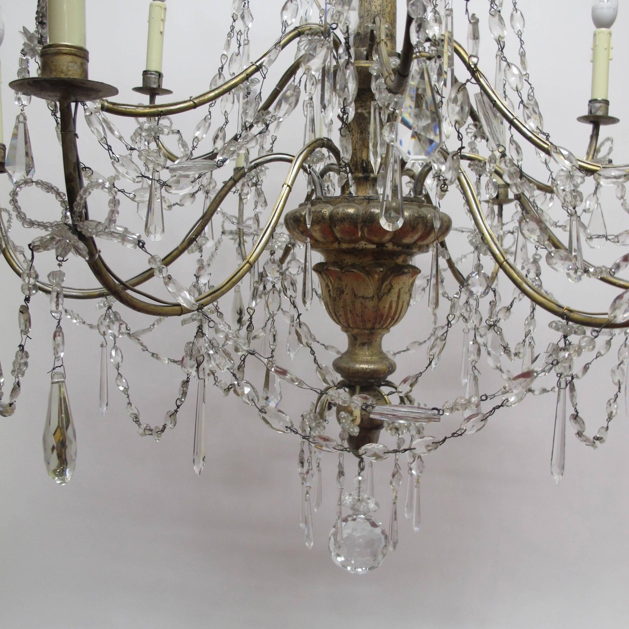 18th Century and Earlier Large Silver Gilt Wood, Iron, and Crystal Chandelier, Italian 18th Century For Sale