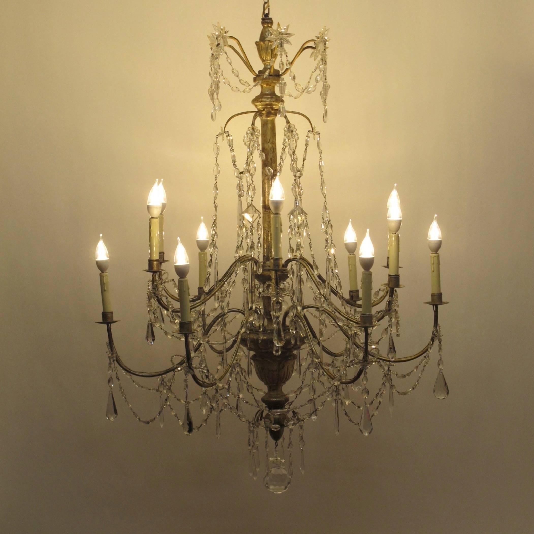 Large Silver Gilt Wood, Iron, and Crystal Chandelier, Italian 18th Century For Sale 2