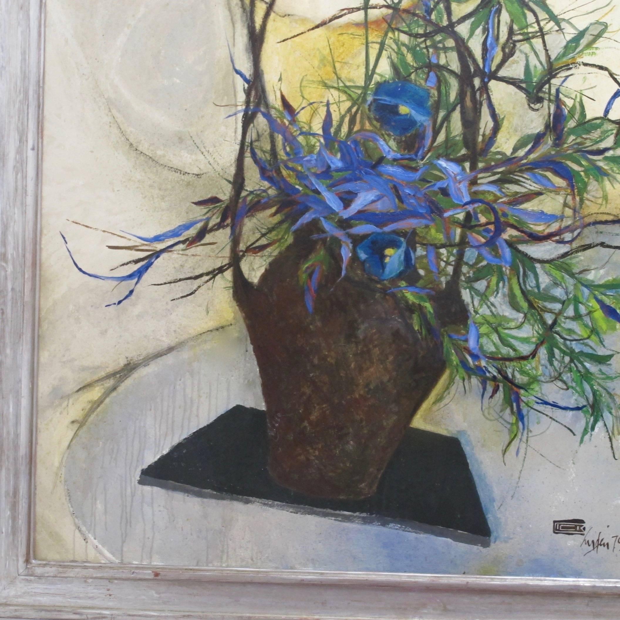 A large scale modernist floral still life oil painting on Masonite in painted wood frame. Signed, monogrammed and dated 1979.