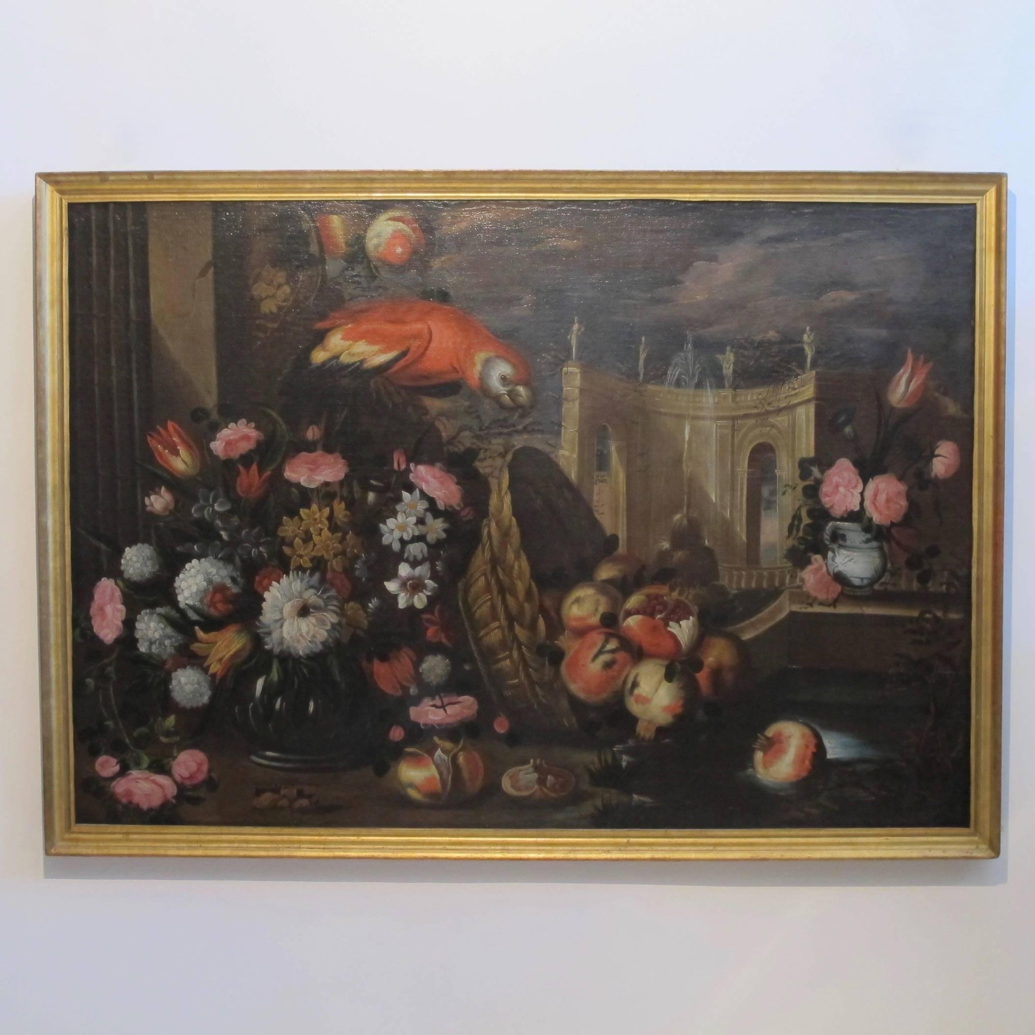 Hand-Painted Large 18th Century Italian Still Life Oil Painting with Parrot and Flowers For Sale