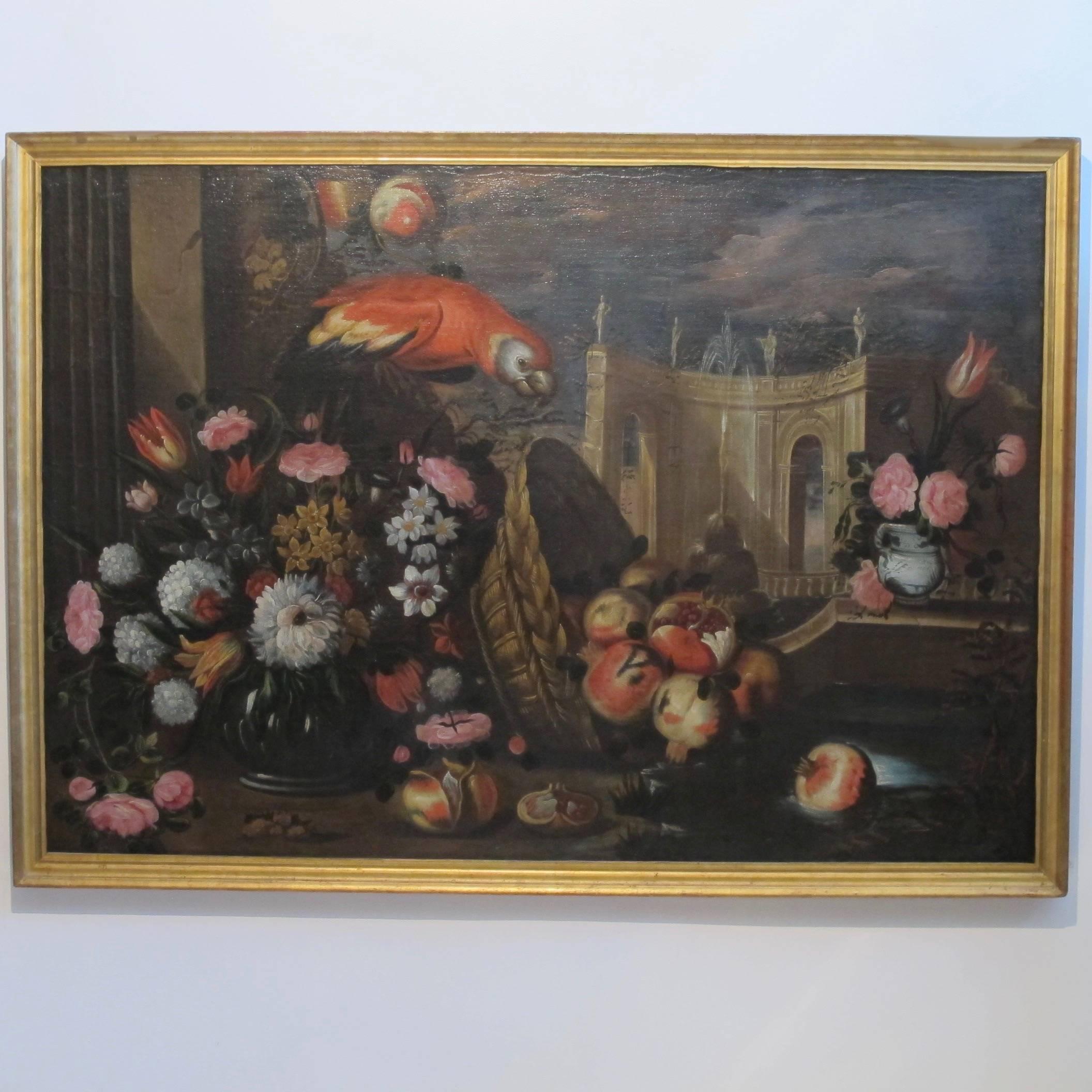 A very large, impressive, and beautifully painted Baroque era still life with a colorful parrot and flowers. Oil on canvas in giltwood frame. Italy, late 17th century-early 18th century.
Measurements of just the painting without the frame are 41