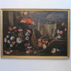 Large 18th Century Italian Still Life Oil Painting with Parrot and Flowers