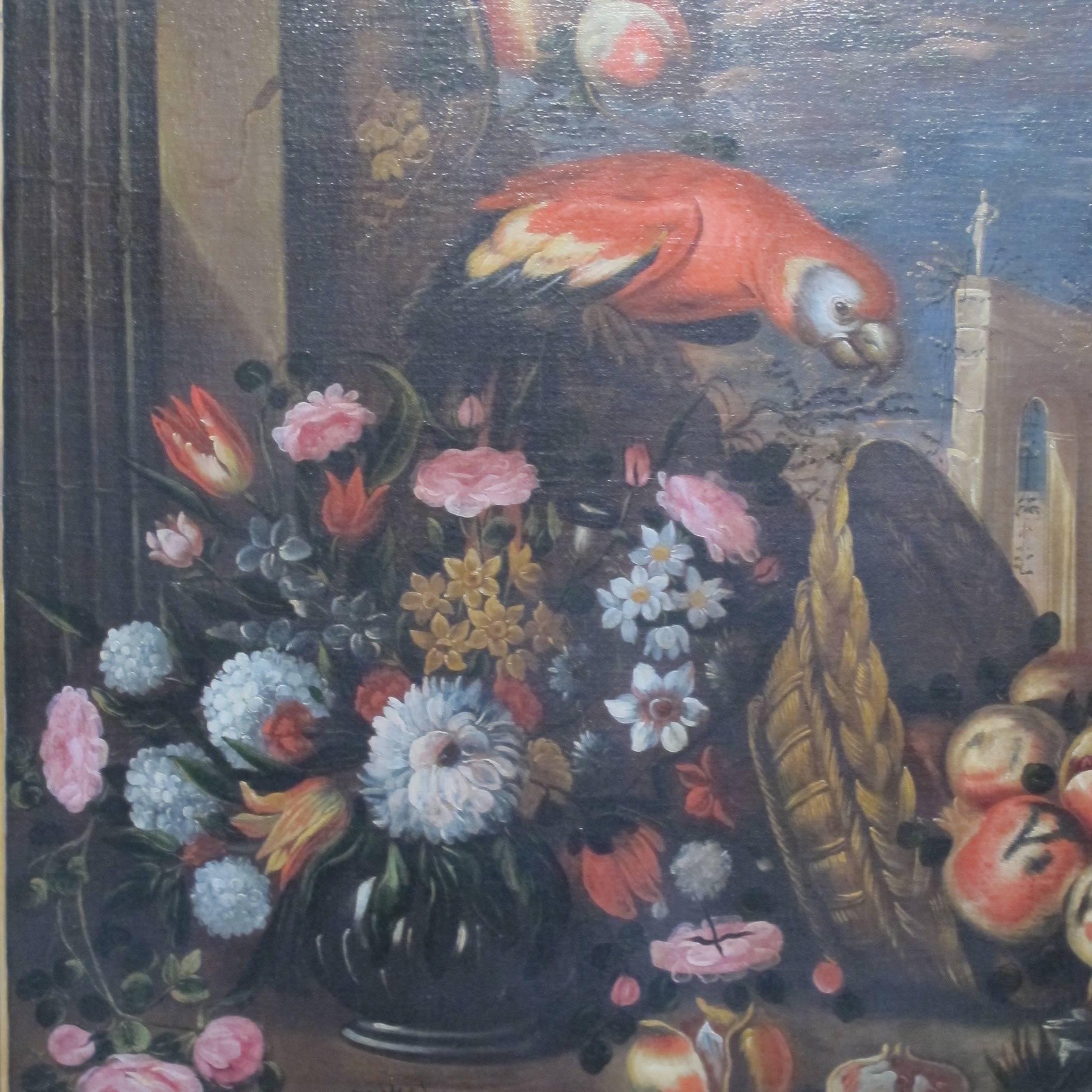 Baroque Large 18th Century Italian Still Life Oil Painting with Parrot and Flowers For Sale