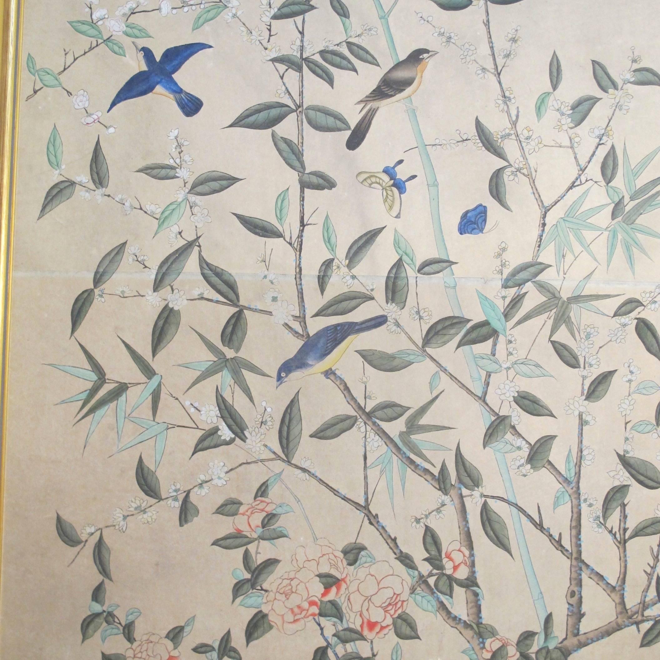 Hand-Painted Large Antique Hand Painted Chinese Wallpaper Panels