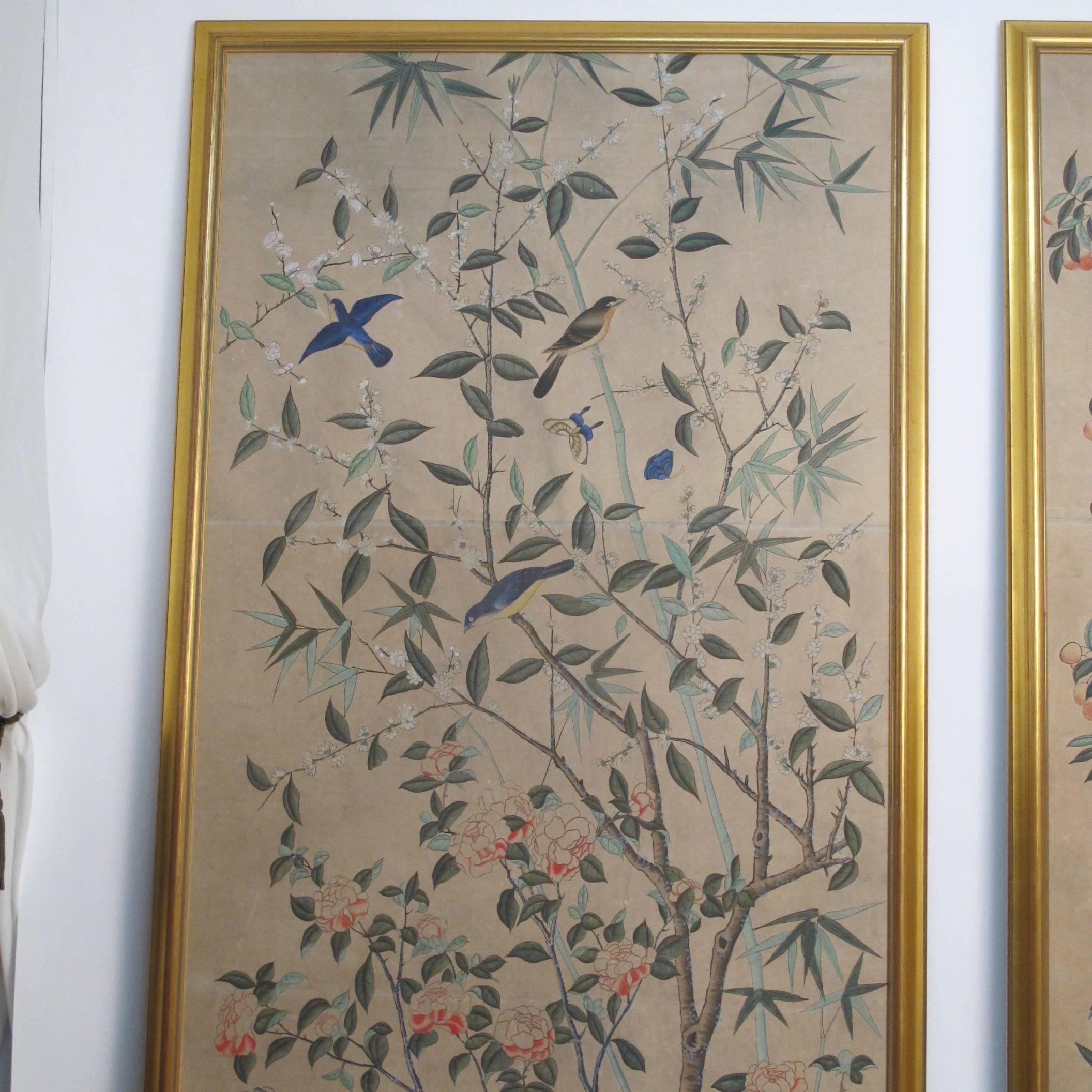 Large Antique Hand Painted Chinese Wallpaper Panels In Excellent Condition In San Francisco, CA
