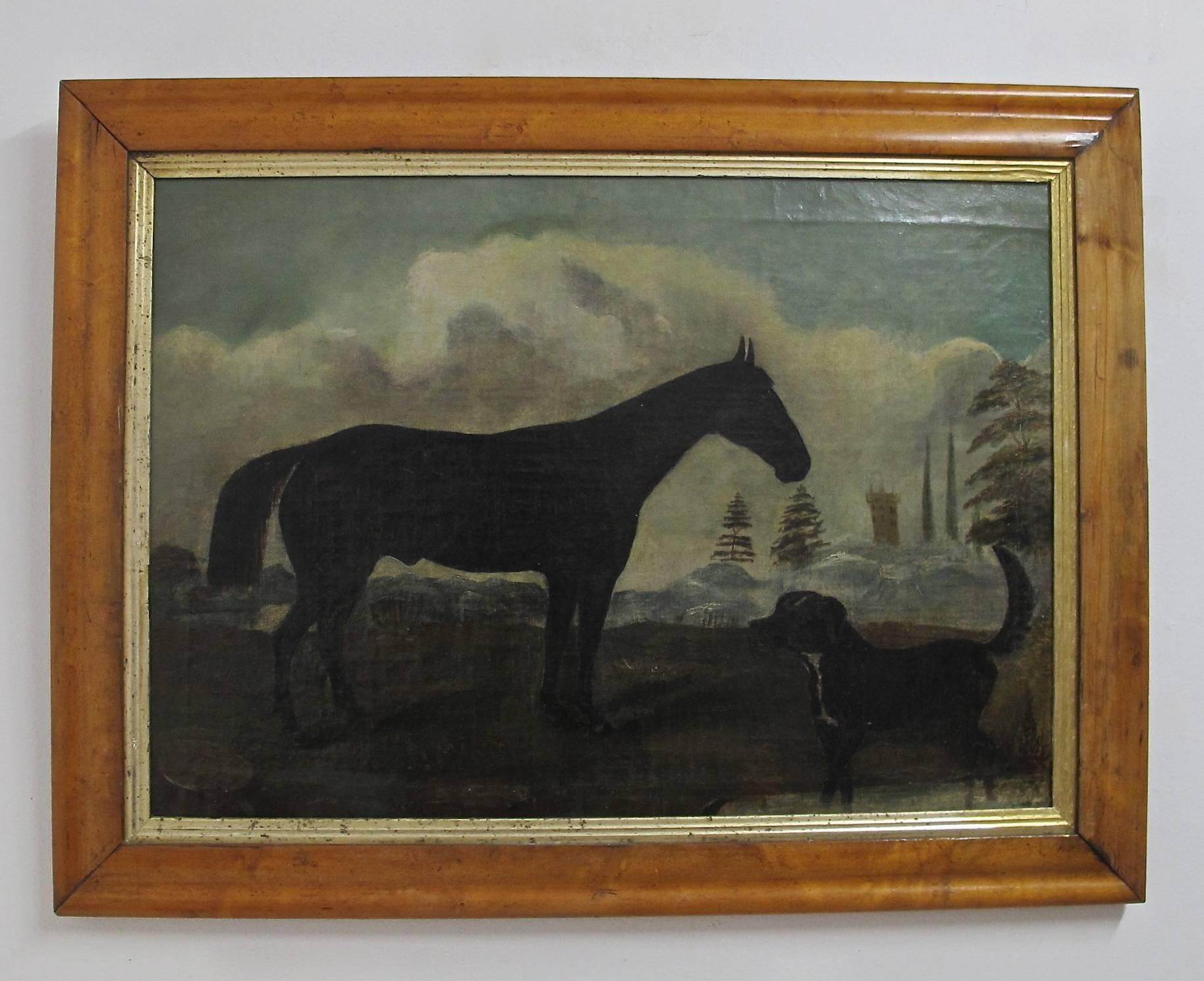 Charming old primitive painting of a horse and dog. Oil on canvas, original maple and gilt frame. England, early 19th century.