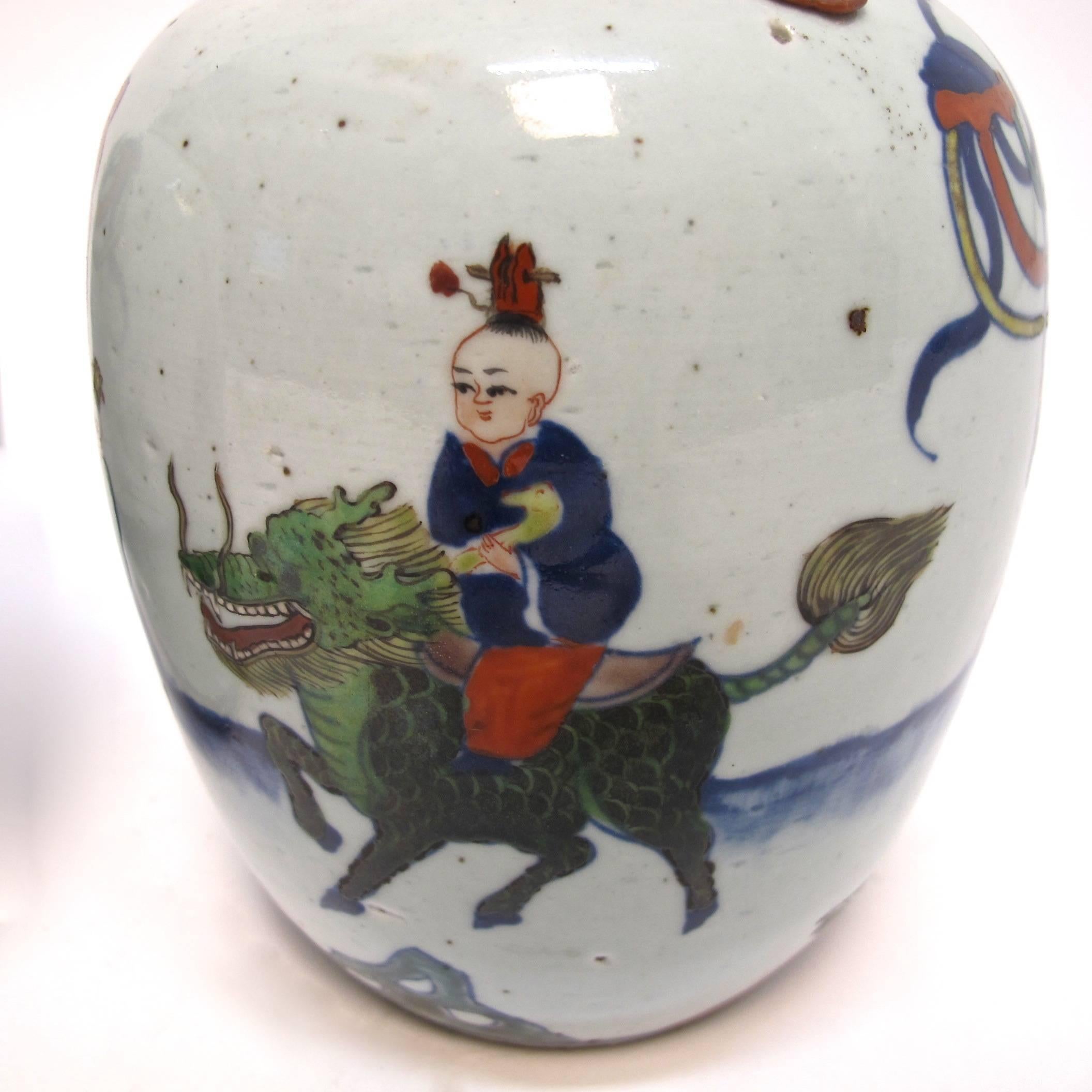 Hand-Painted Pair of Chinese Wucai Ginger Jars