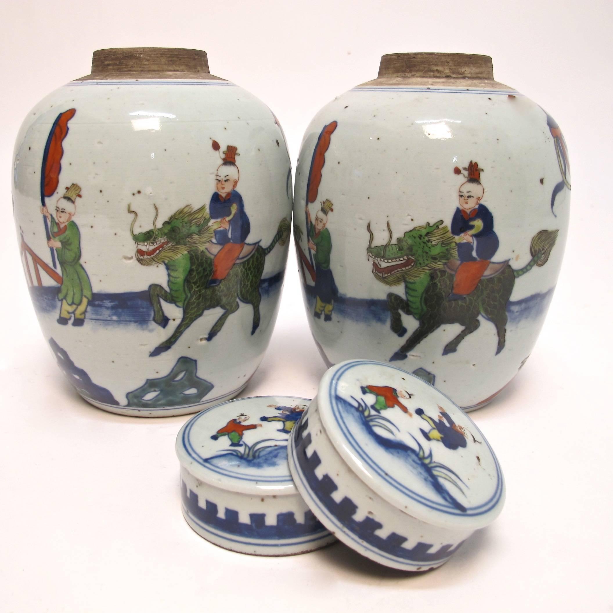 Porcelain Pair of Chinese Wucai Ginger Jars