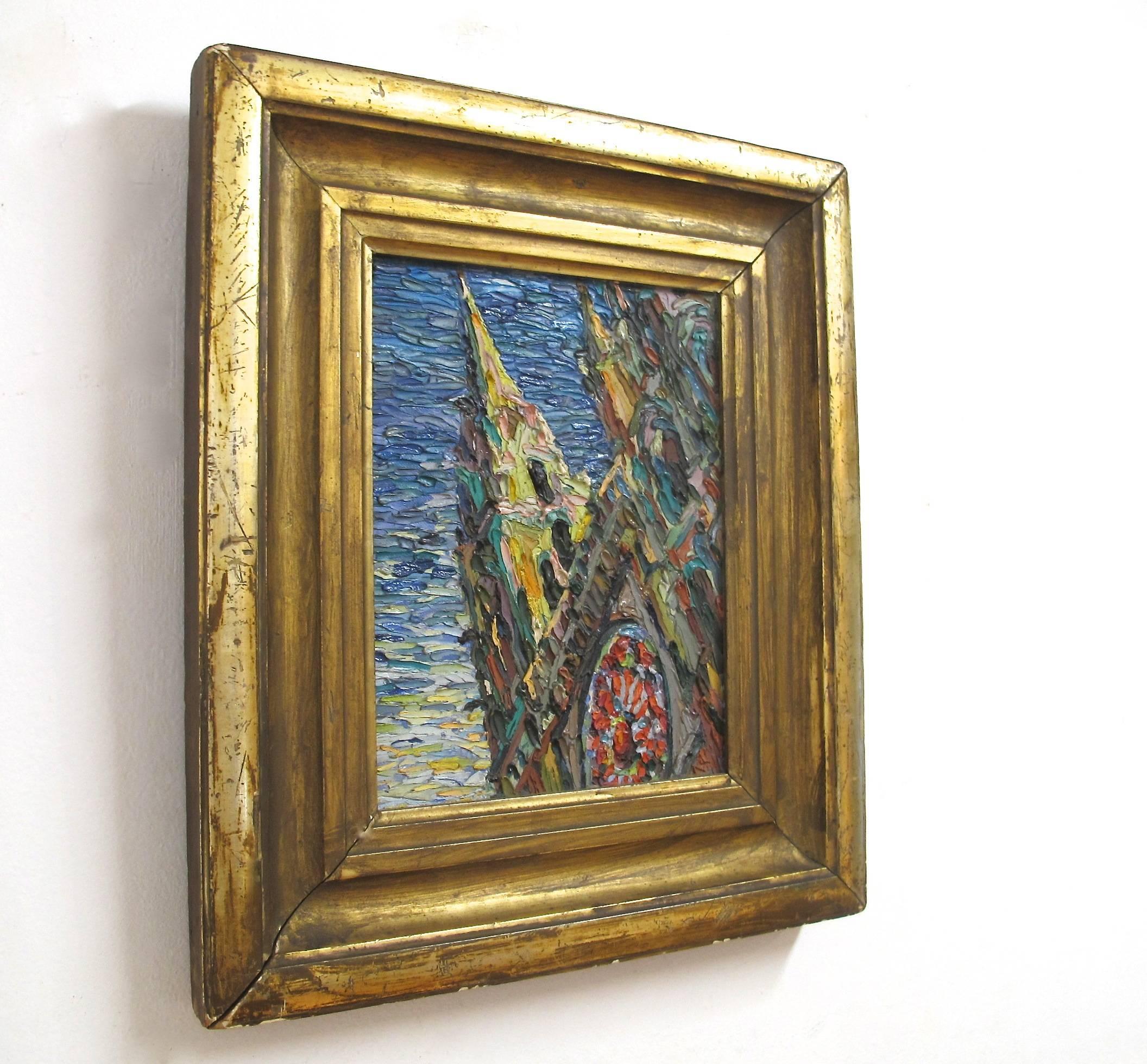 Impressive small painting by North American artist Maury Haseltine (b.1925-d.1998). Heavily applied oil (impasto technique) on canvas in giltwood frame. Painting without frame measures 10