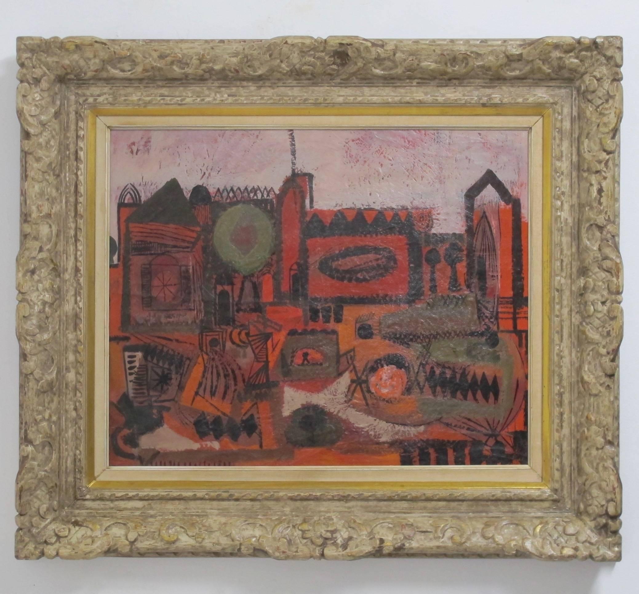 Mid-20th century abstract cityscape painting by California artist Robert Gilbert (b.1911-d.1970). Painted on panel and in original hand-carved frame, exhibition label on back with bio of the artist, American, circa 1960s.
Sight measures 18.5 x 22.5,