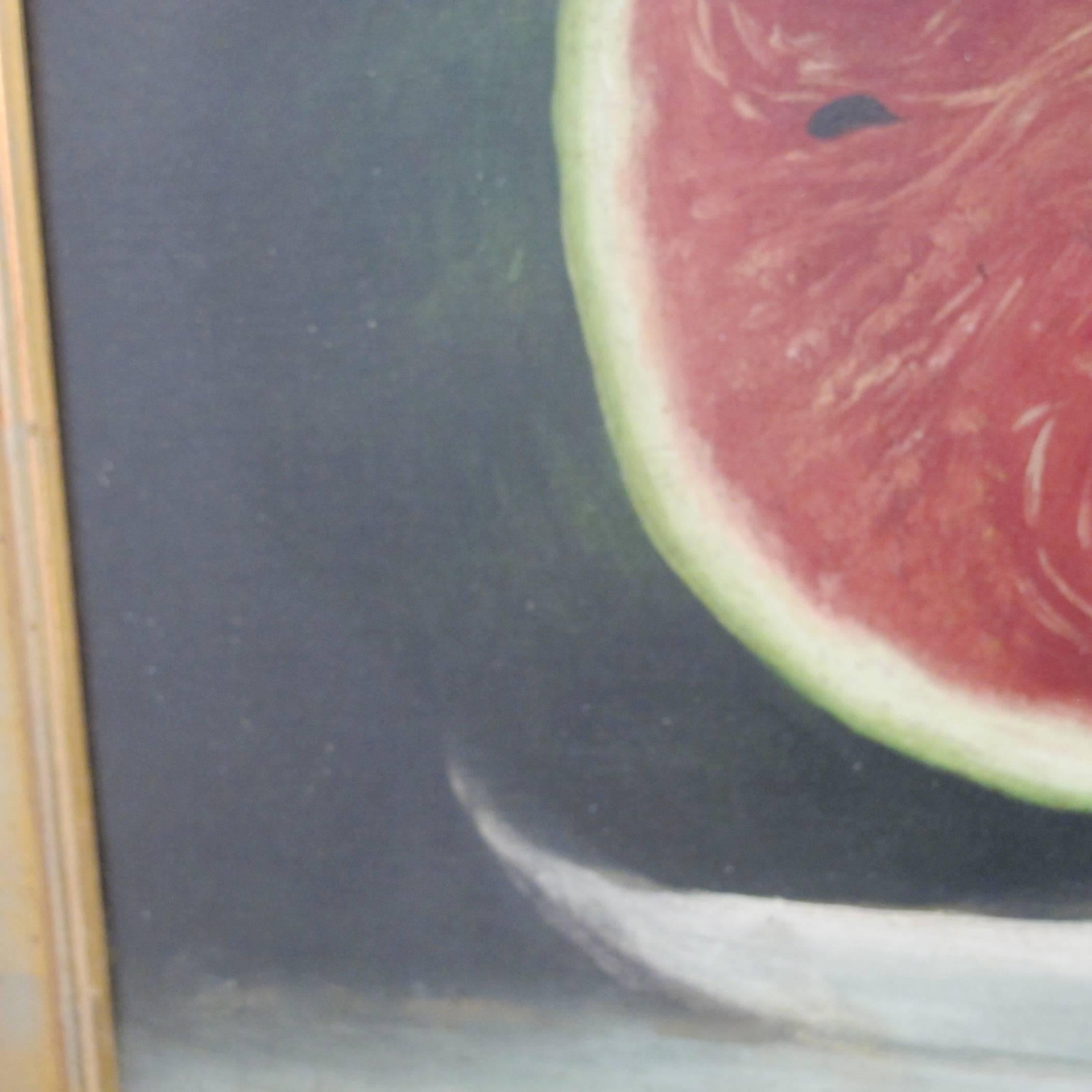 Primitive still life of watermelon and bananas sitting on table cloth covered table. Painting is signed George A. B____d__ll. The last name is undiscernable.
It appears that the painting was relined, possibly in the 1960s and reframed.

 