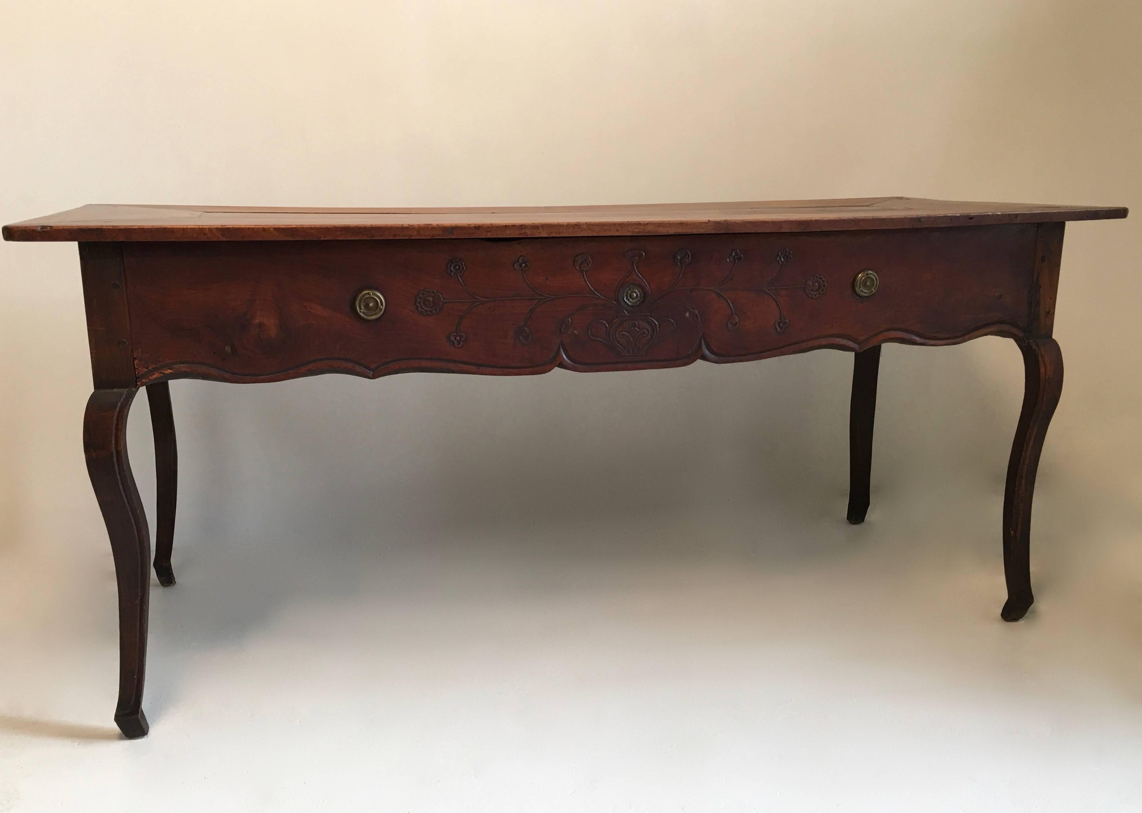 Hand-Carved Large French Country Style Walnut Desk or Table, 18th Century
