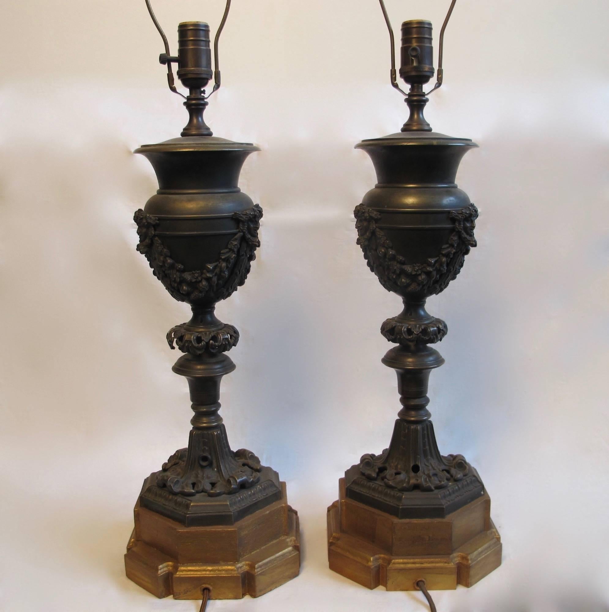 European Pair of Bronze Newel Post Urn Lamps