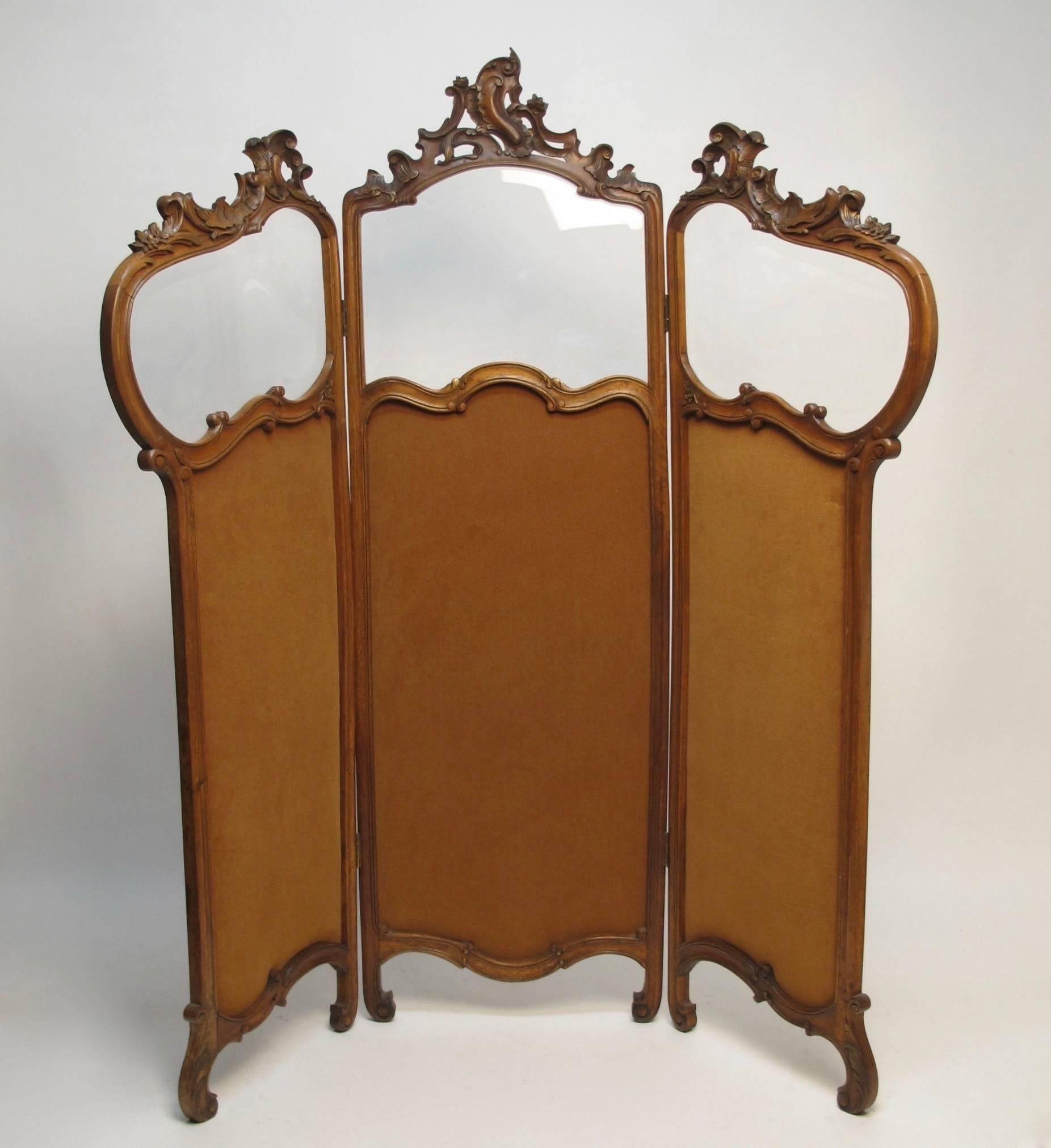 Glass French Art Nouveau Style Walnut Dressing Screen