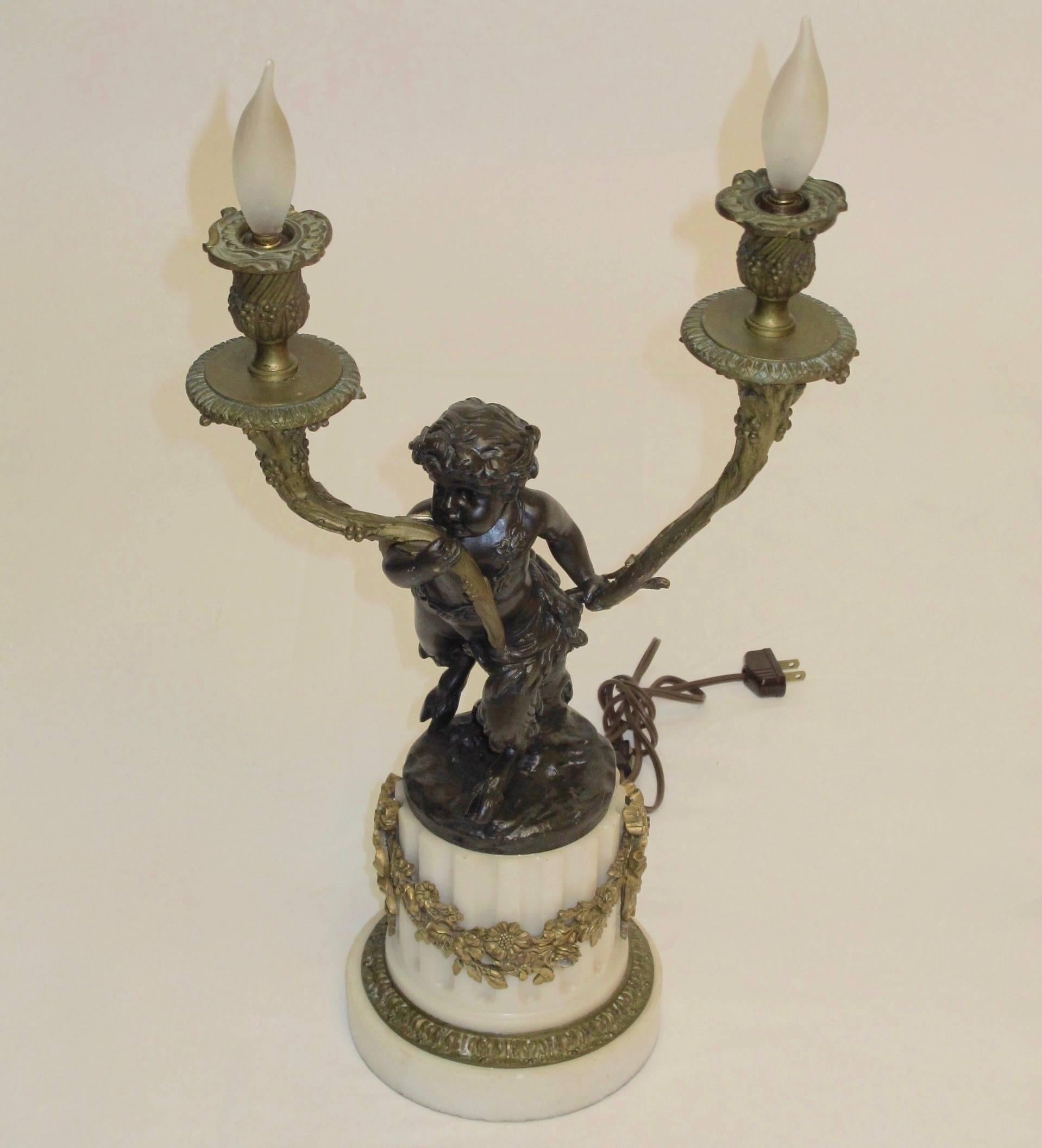 Patinated French Neoclassical Bronze Putti Lamps Signed Clodion For Sale