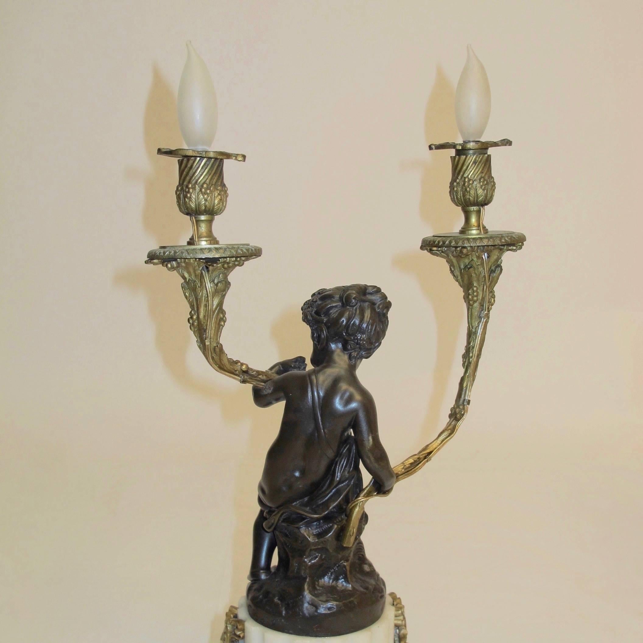 Marble French Neoclassical Bronze Putti Lamps Signed Clodion For Sale