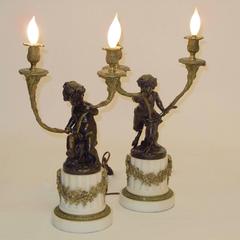 French Neoclassical Bronze Putti Lamps Signed Clodion