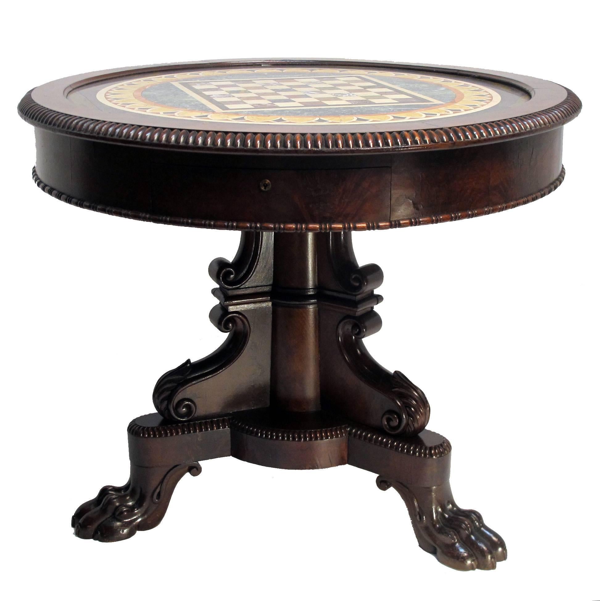 Carved English Regency Mahogany and Marble Game Table For Sale