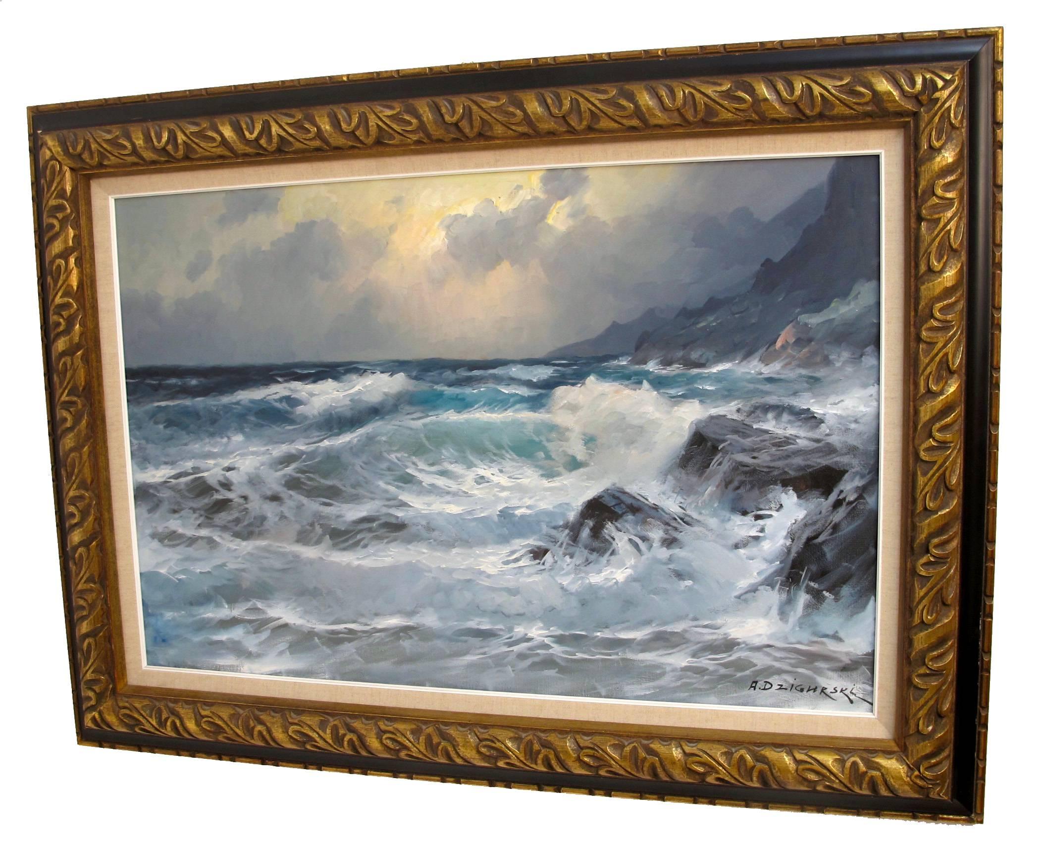 Monterey California coastline seascape painting by Alexander Dzigurski (b.1911-d.1995). Oil on canvas in original wood frame.

Alexander Dzigurski, who is known for his seascapes, landscapes and some portraiture, is associated with the art of