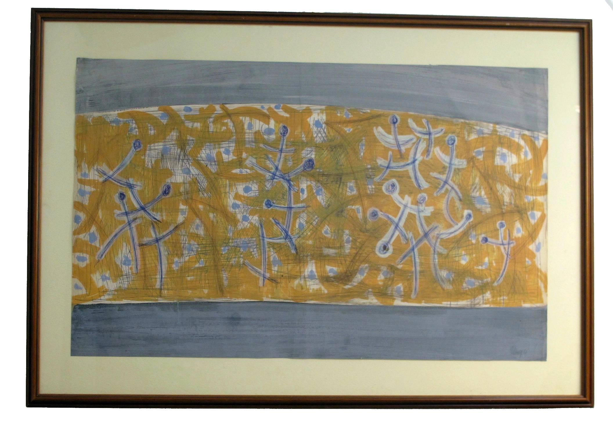 Mid-20th century abstract painting by San Francisco Bay Area artist Robert Gilberg (b.1911-d.1970). Ink and gouache on paper, framed behind glass. Signed and dated 1961.

Born in Oakland, CA on April 25, 1911. Gilberg studied at the Oakland Art