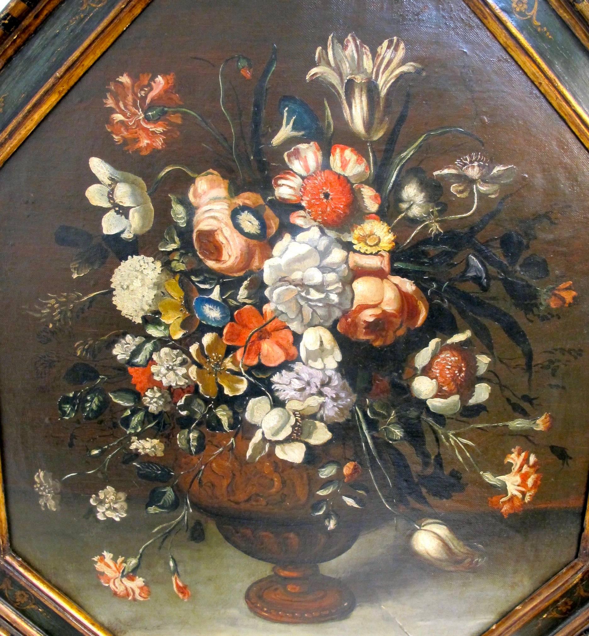 Unusually large hexagonal floral still life in the Dutch manner. Very nicely styled and executed, the large bouquet of flowers sitting in iron jardiniere with many varieties of tulips amongst the other flowers.
The painting has been restretched in